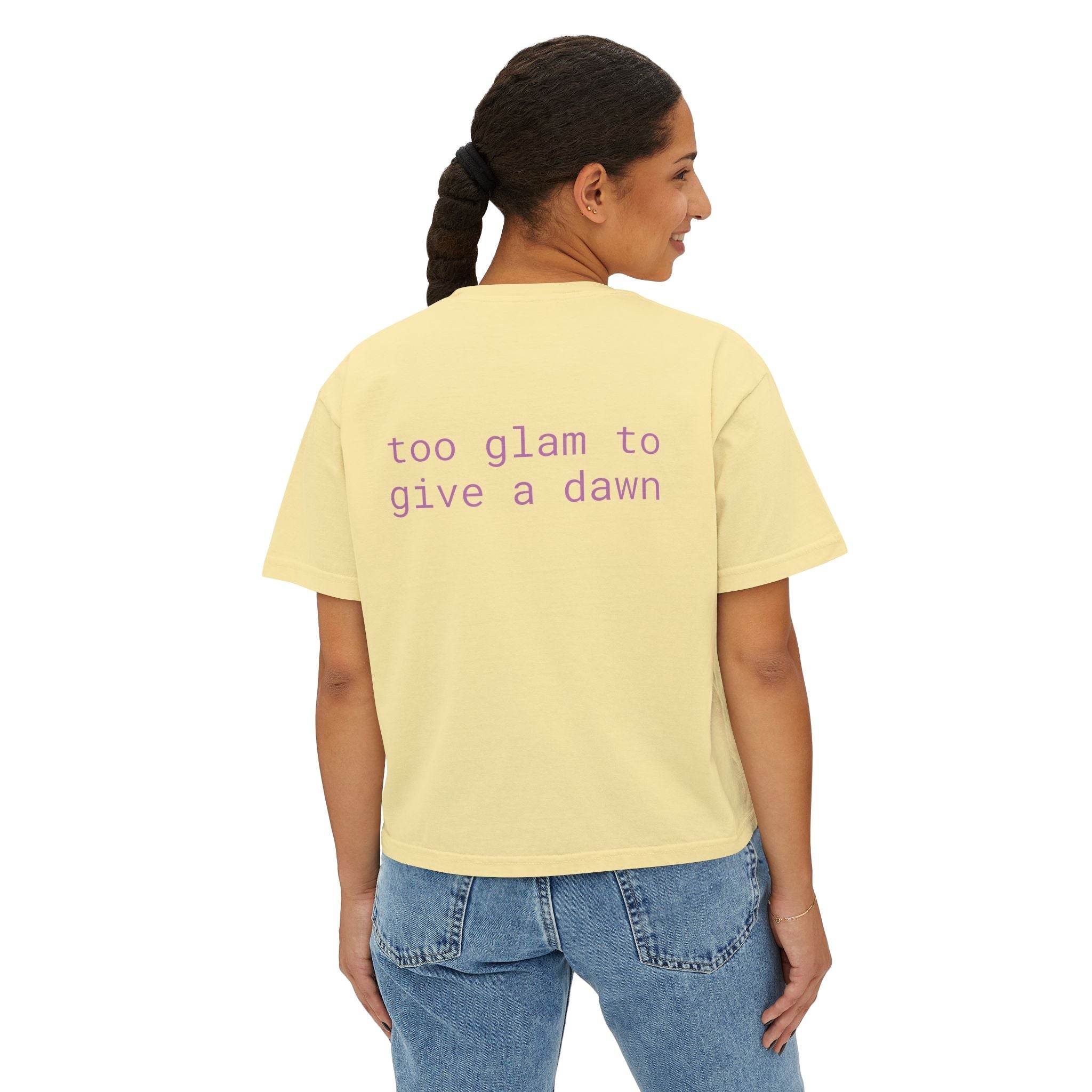 Printify eco-friendly women's graphic tee in light yellow with purple text too glam to give a dawn