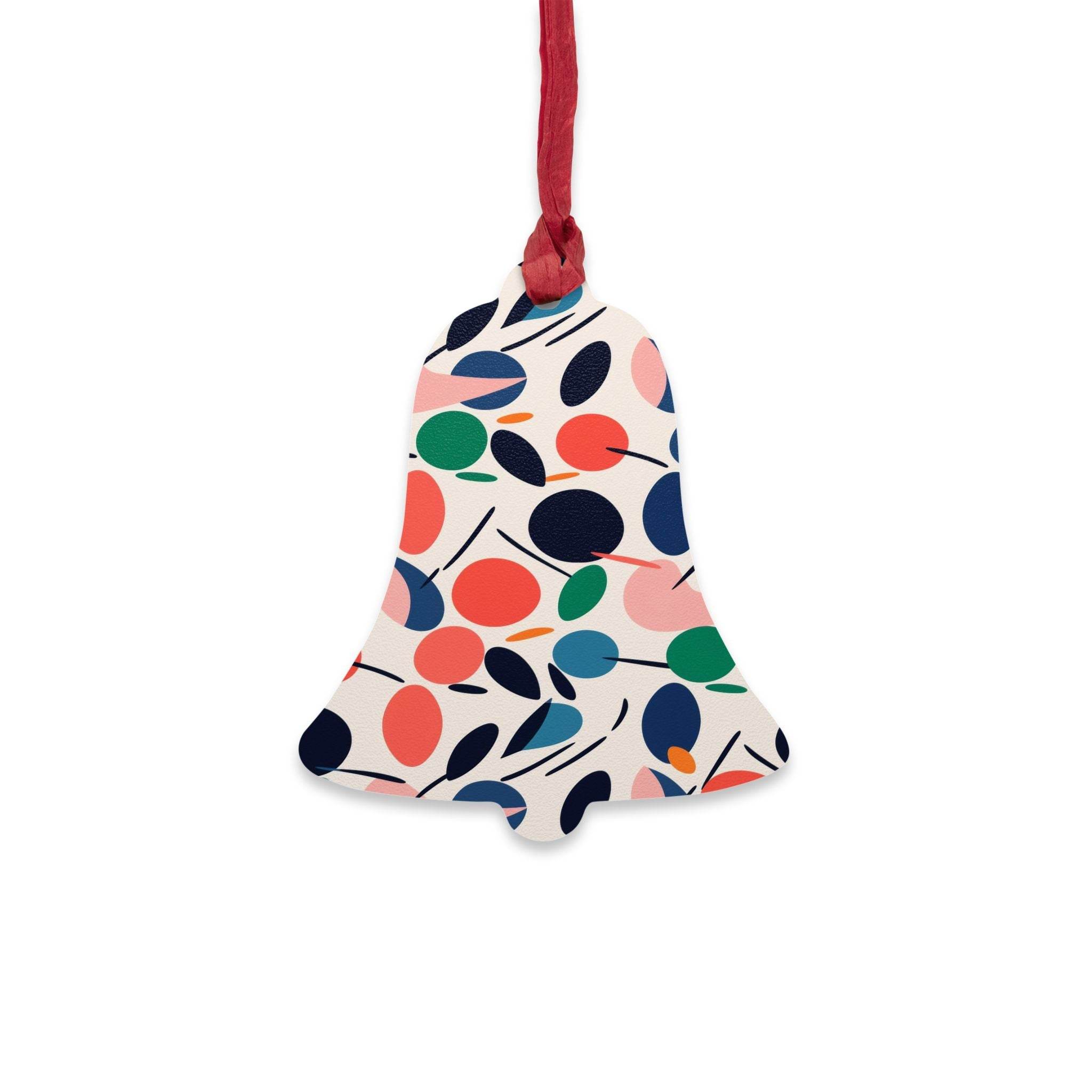 Printify eco-friendly wooden ornaments shaped like a bell with colorful leaf pattern and red hanging ribbon