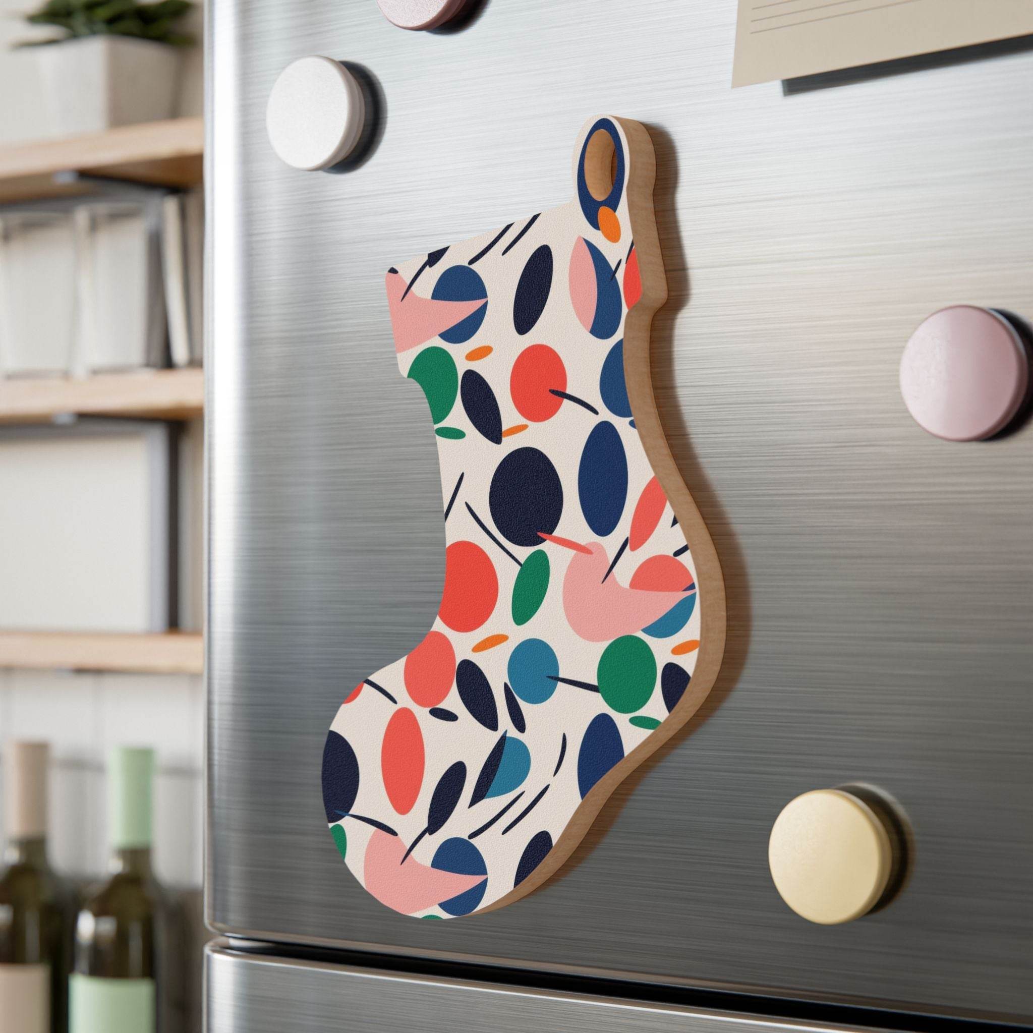 Printify seasonal decoration eco-friendly wooden ornaments shaped like a colorful patterned stocking magnet on fridge