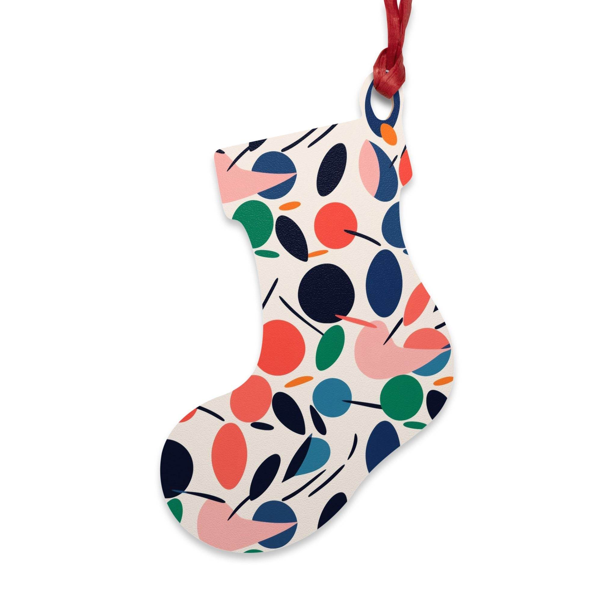 Printify colorful Christmas stocking shaped eco-friendly wooden ornaments with abstract leaf design