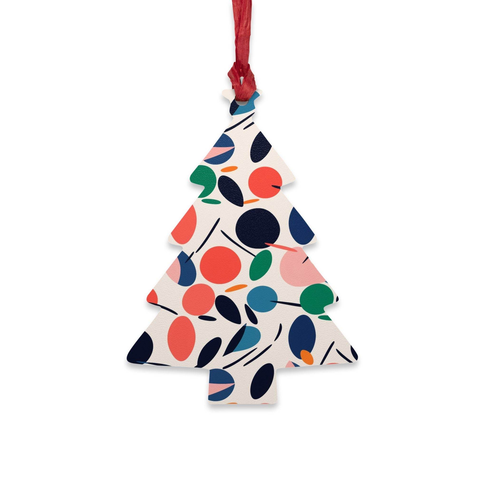 Printify eco-friendly wooden ornaments shaped like a Christmas tree with colorful abstract leaf patterns