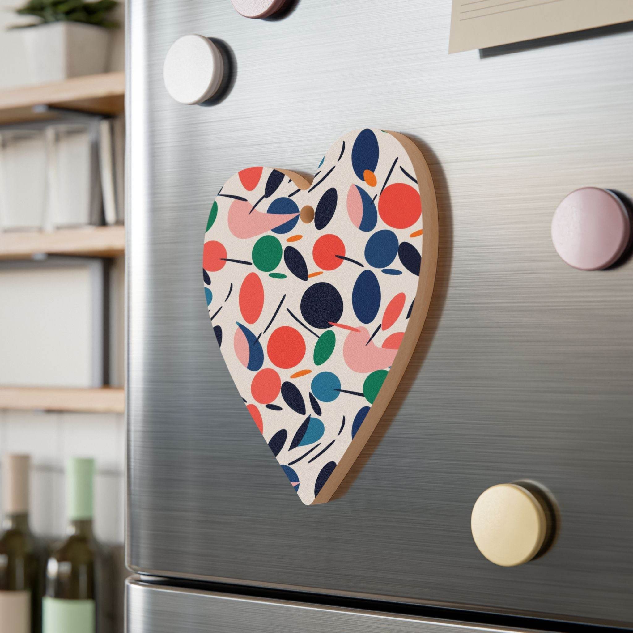 Eco-friendly wooden ornaments heart-shaped decoration with colorful leaf patterns on stainless steel fridge