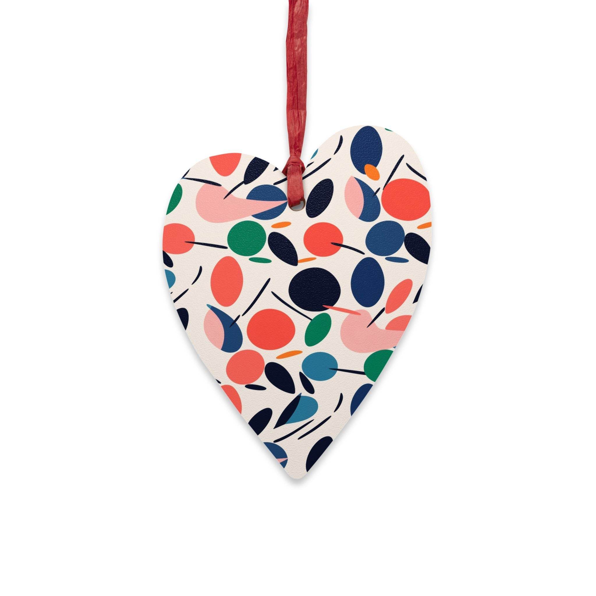 Printify eco-friendly wooden ornaments heart-shaped decoration with colorful abstract leaf pattern
