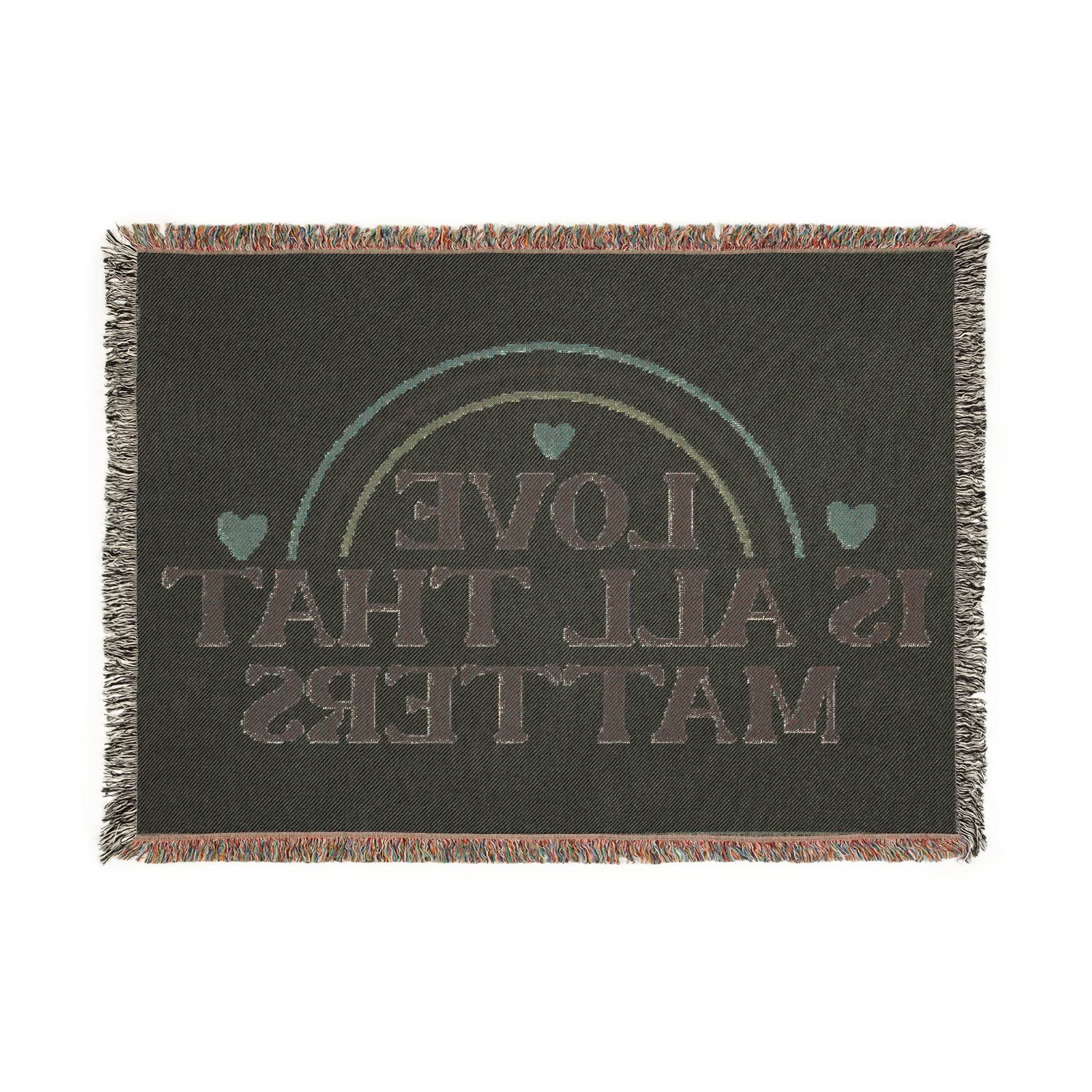 Printify eco-friendly woven blanket with fringe edges and love quote design in muted colors