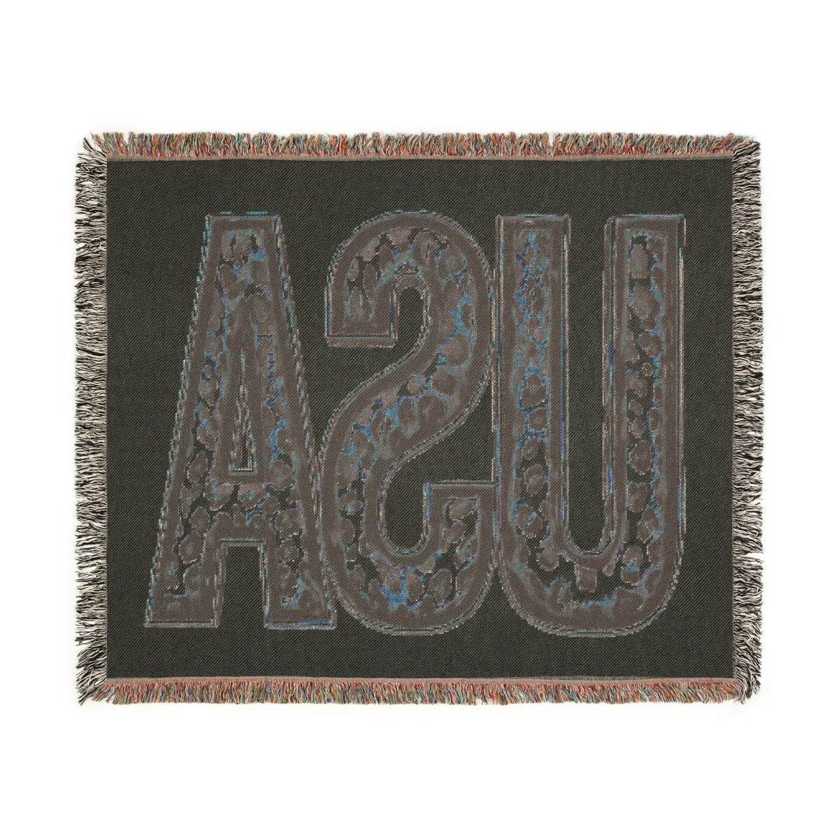 Printify eco-friendly woven blanket with USA lettering and fringed edges in dark tones