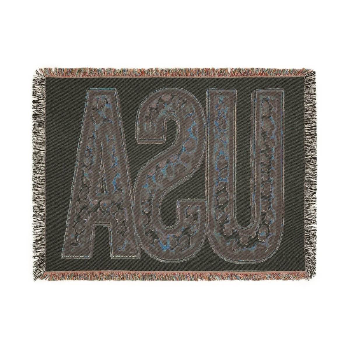Printify eco-friendly woven blanket with dark background and large textured UPS letters design