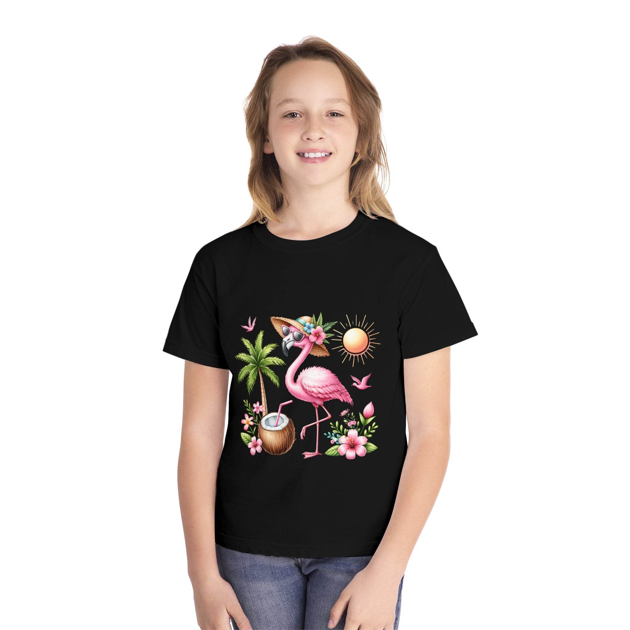 Printify eco-friendly youth t-shirt in black featuring a tropical flamingo design with palm tree and sun