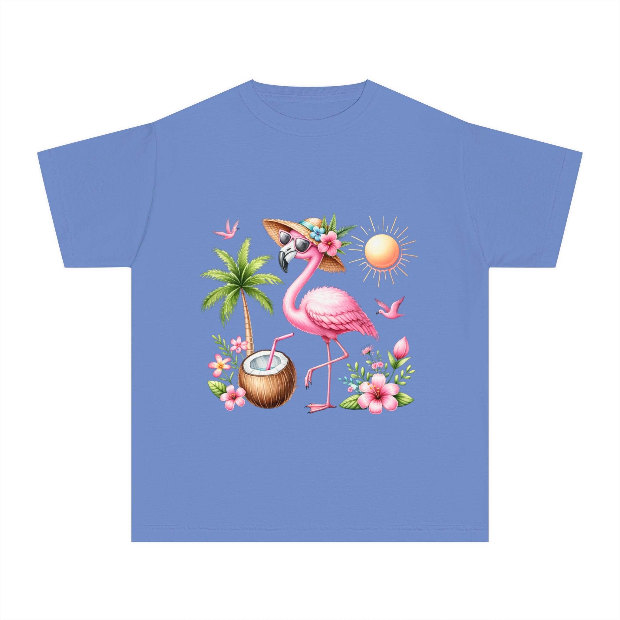 Printify eco-friendly youth t-shirt in blue with a flamingo, palm tree, coconut drink, and tropical flowers design