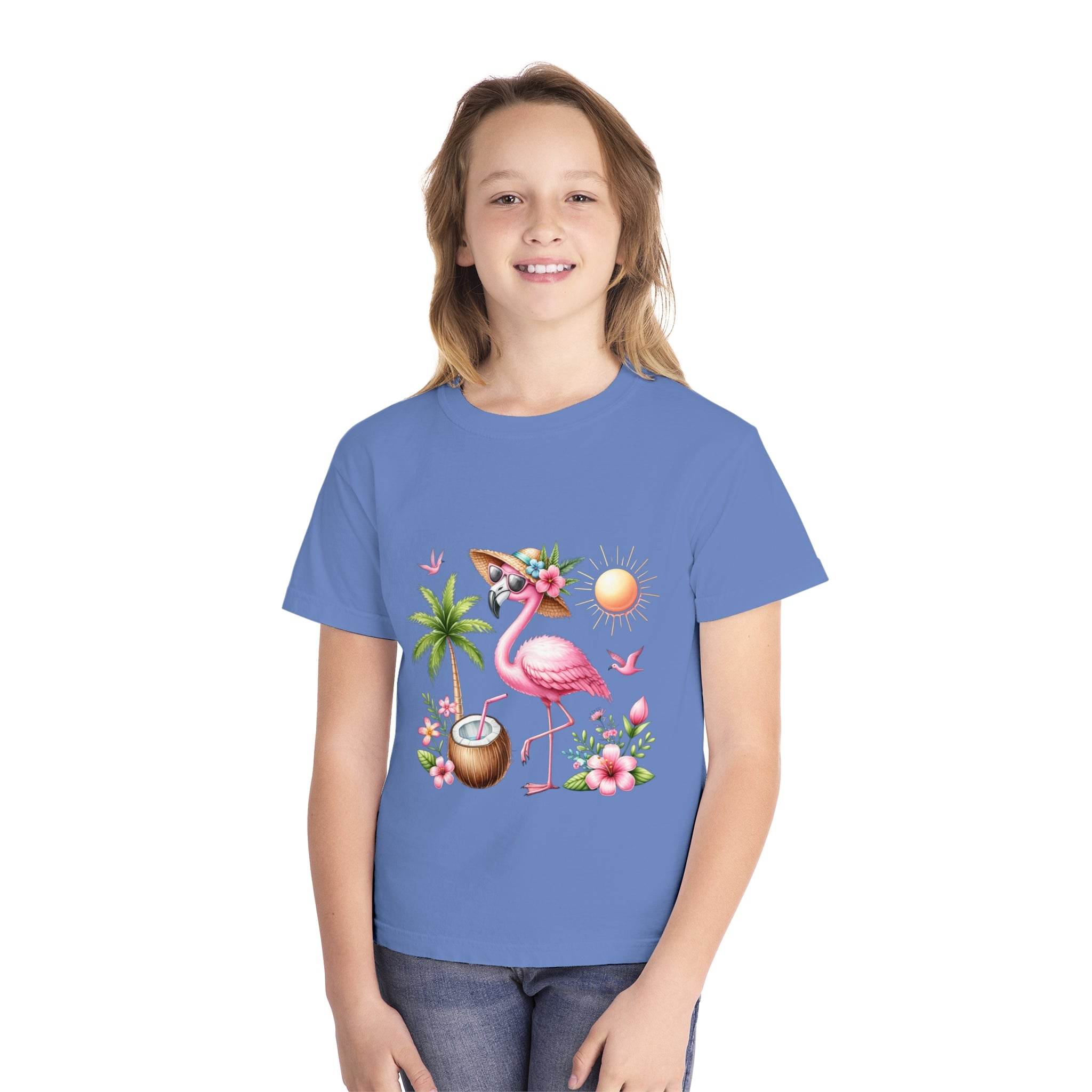 Printify eco-friendly youth t-shirt featuring a pink flamingo, palm tree, and tropical design on blue fabric