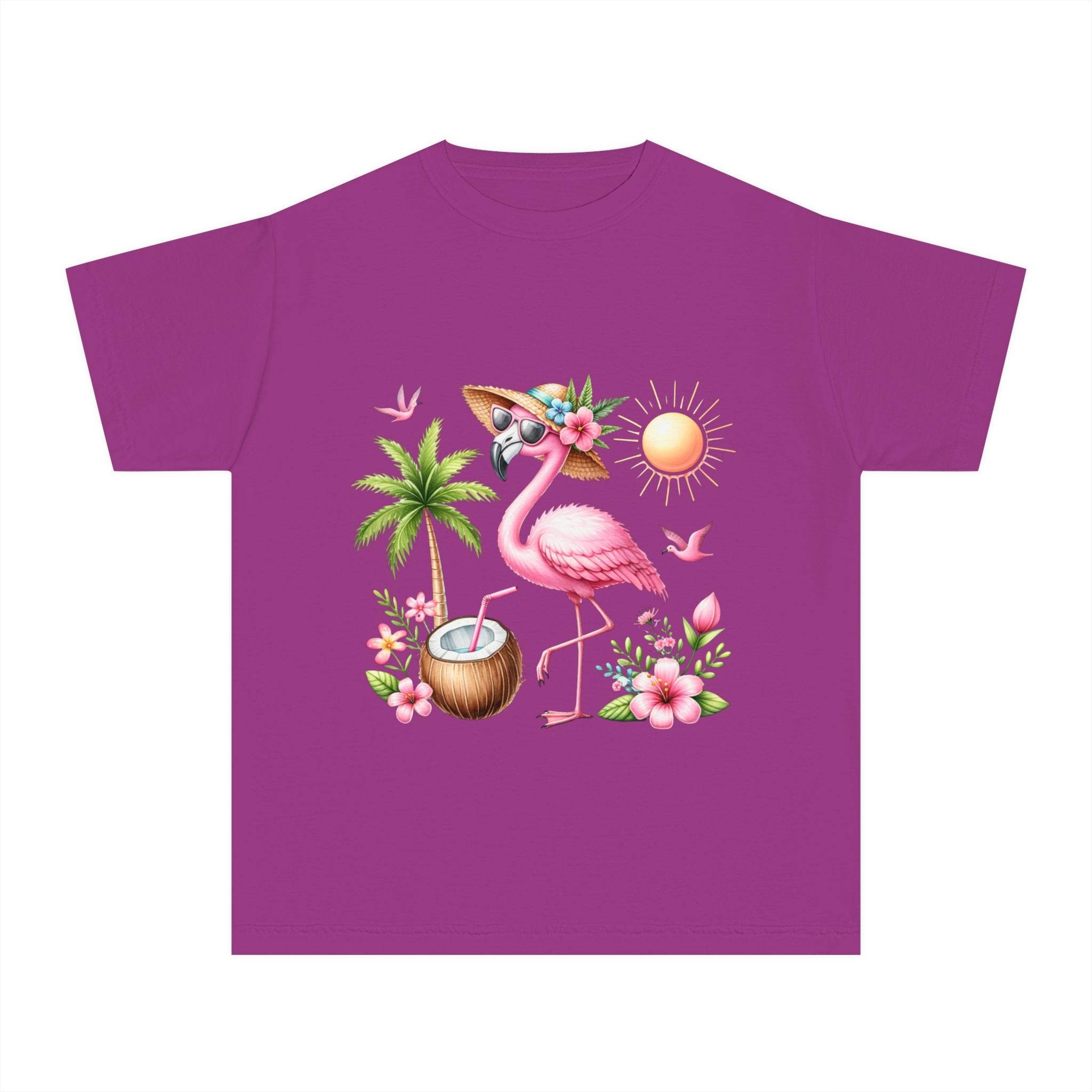 Purple eco-friendly youth t-shirt with tropical flamingo, palm tree, sun, and flowers design