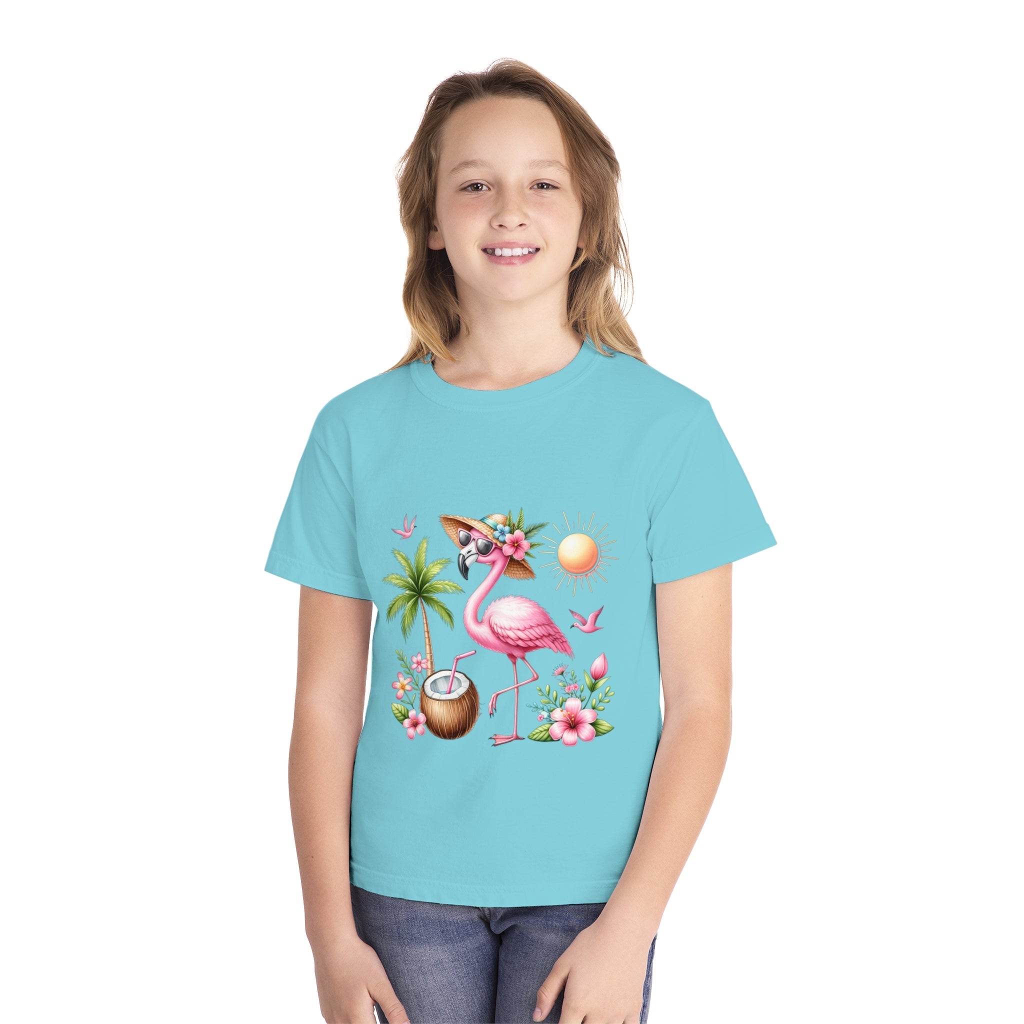 Printify eco-friendly youth t-shirt in blue with tropical flamingo and palm tree design