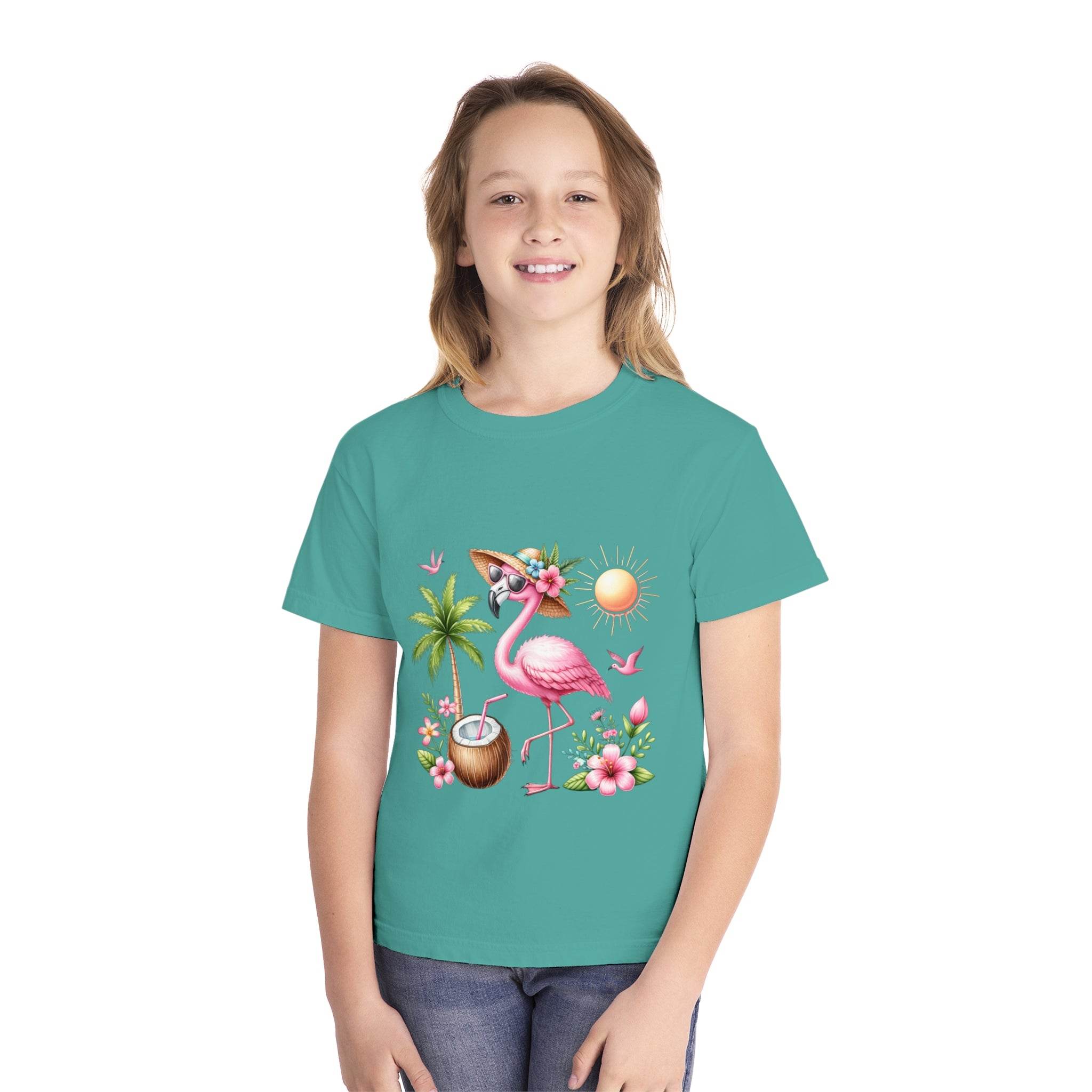 Printify eco-friendly youth t-shirt with tropical flamingo and floral design worn by smiling child