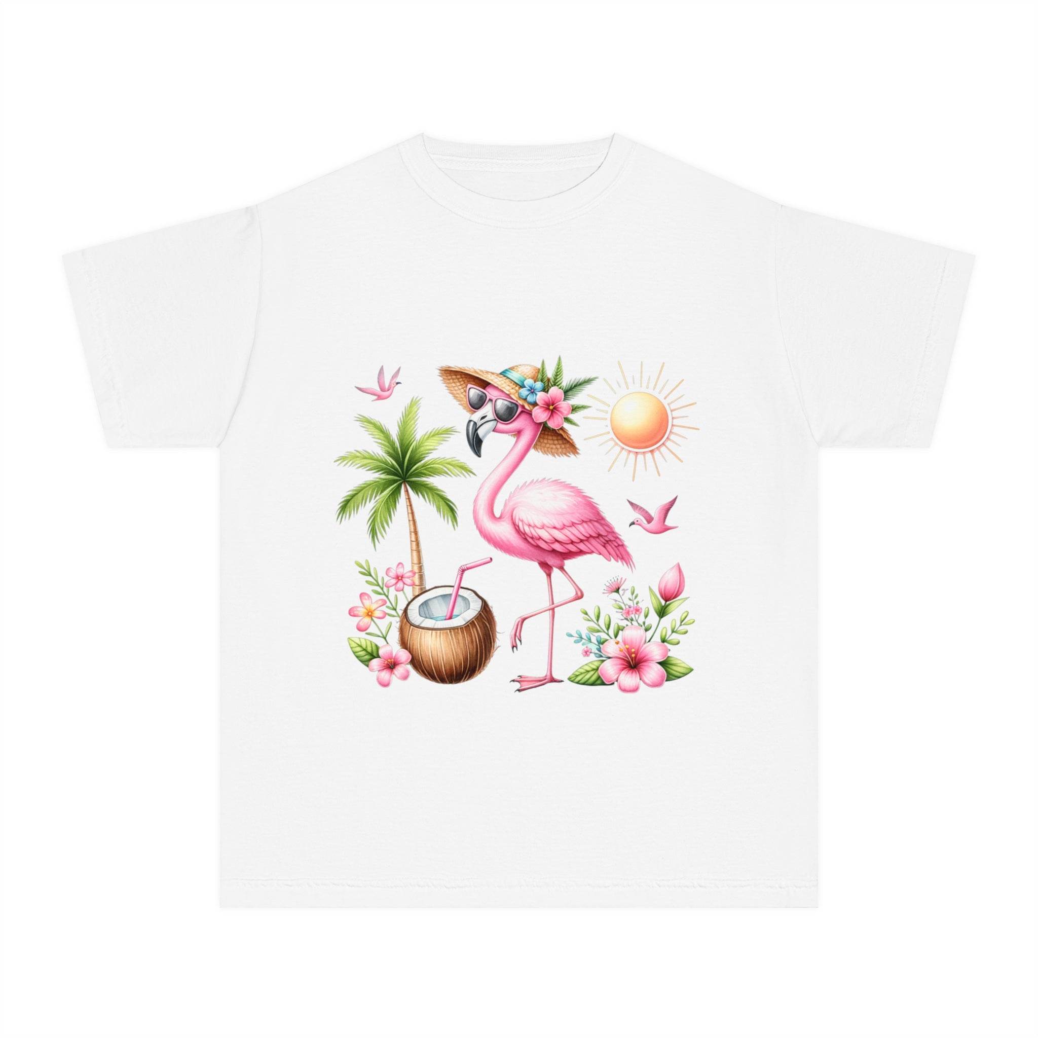 Printify eco-friendly youth t-shirt with tropical flamingo, palm tree, sun, and coconut design