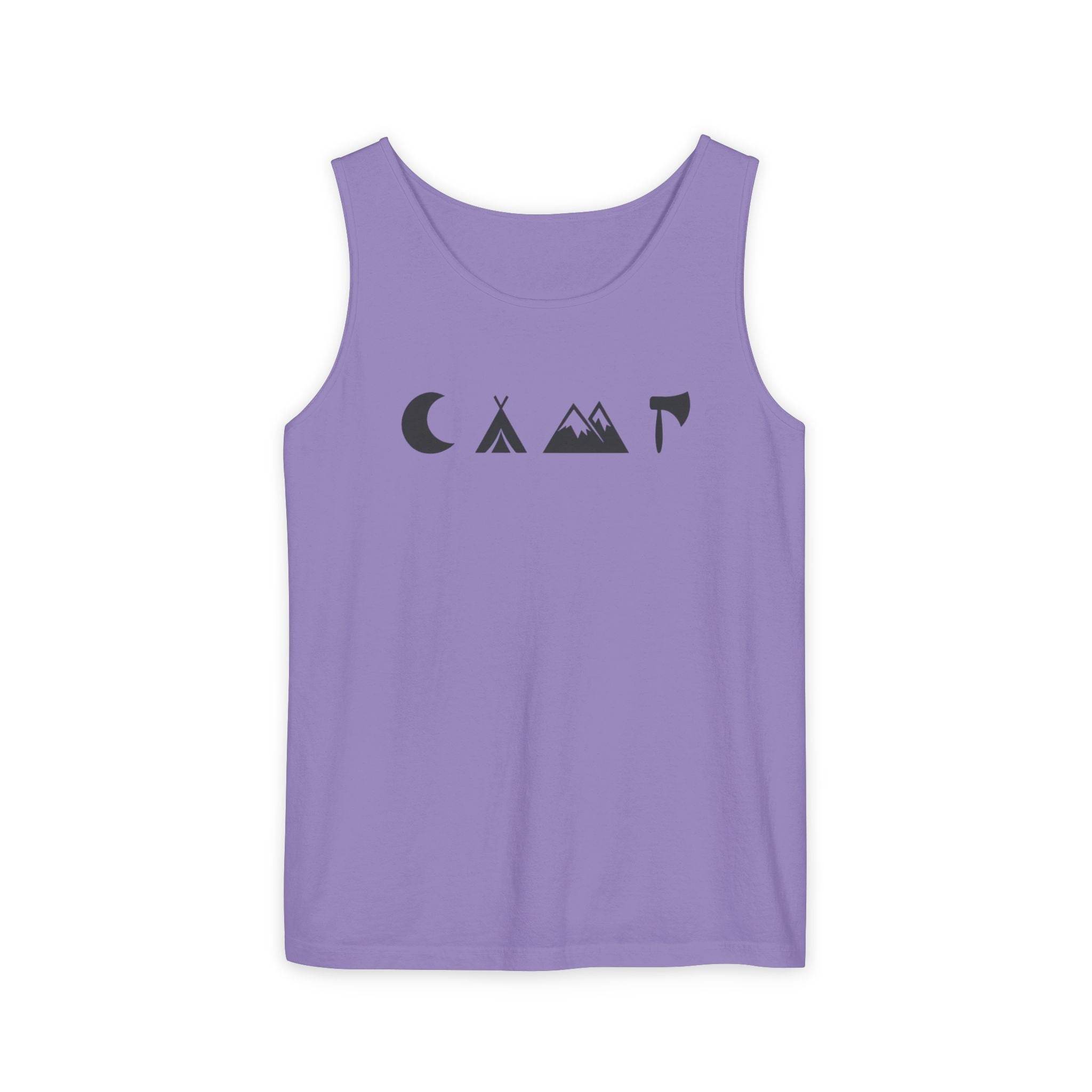 Printify lavender tank top with minimalist camping icons crescent moon tent mountains axe eco-friendly unisex tank top