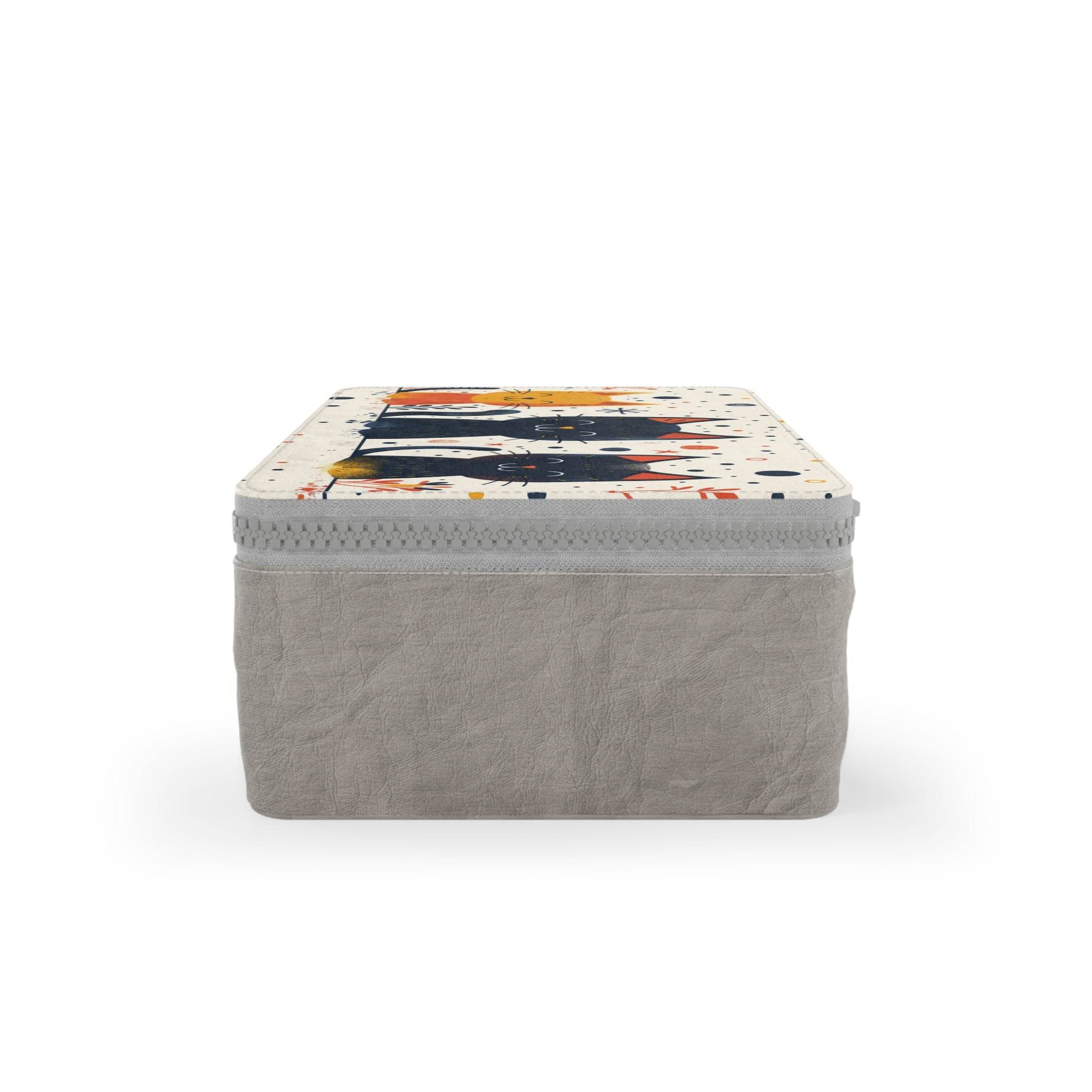 Printify cat-themed eco lunch carrier with zipper closure and colorful cat illustrations on top