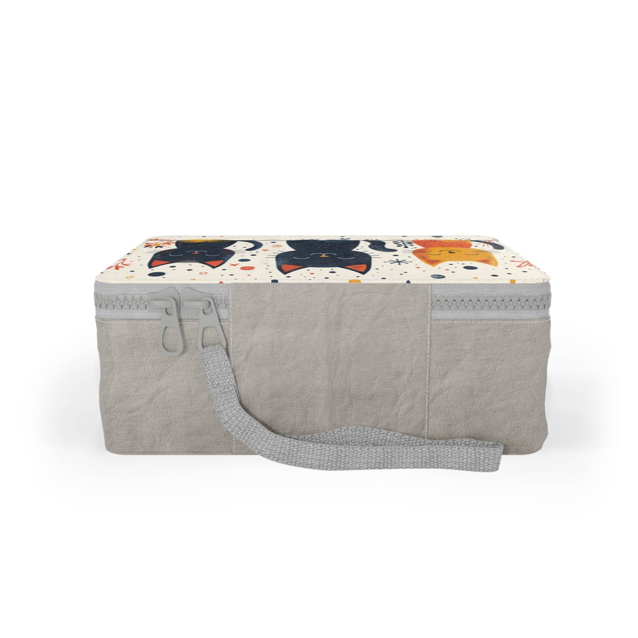 Printify cat-themed eco lunch carrier with gray base and colorful cat illustrations on top