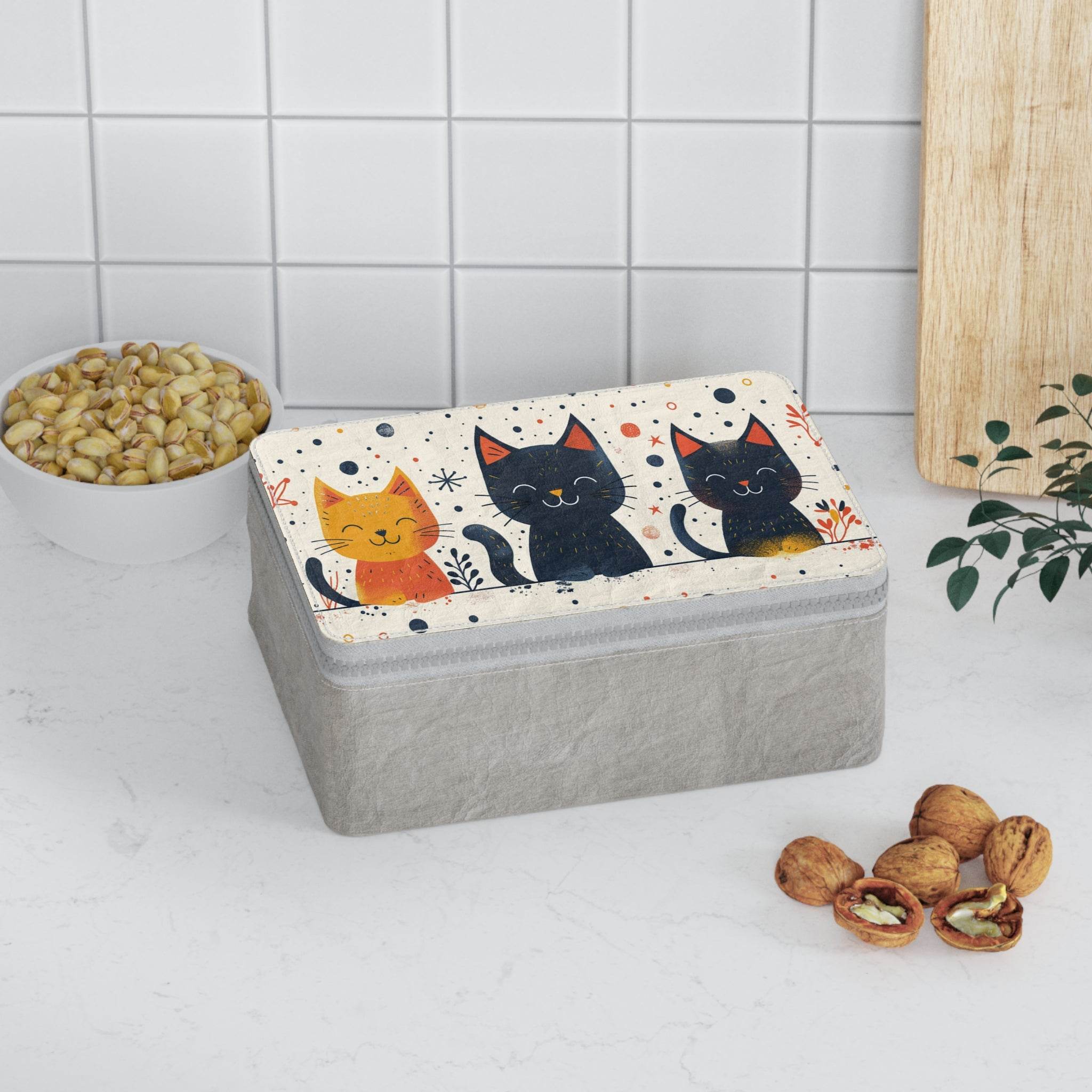 Printify cat-themed eco lunch carrier with cute cat illustrations on a gray base for kitchen use