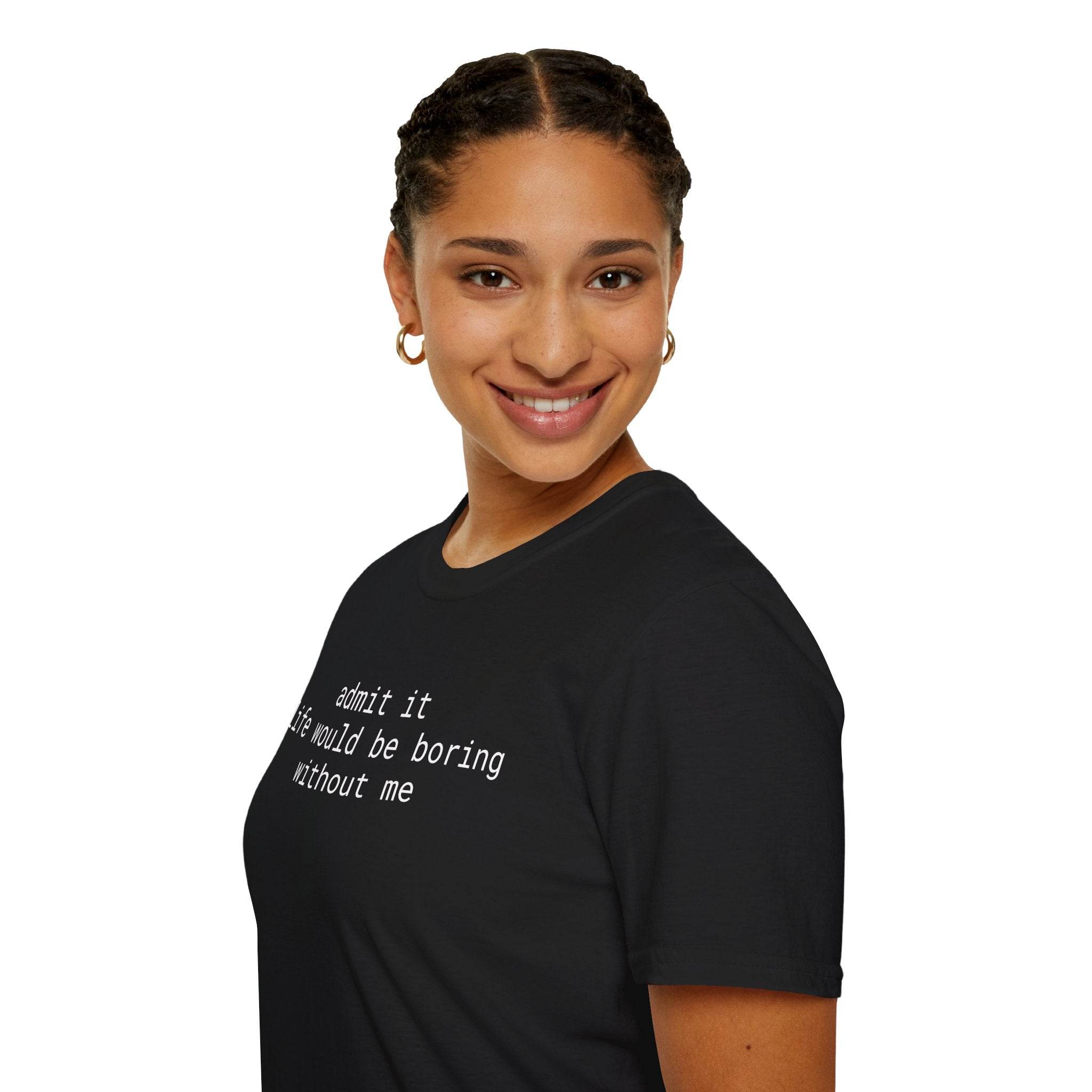 Printify eco-friendly playful quote t-shirt on smiling woman black crew neck with white printed text and short sleeves