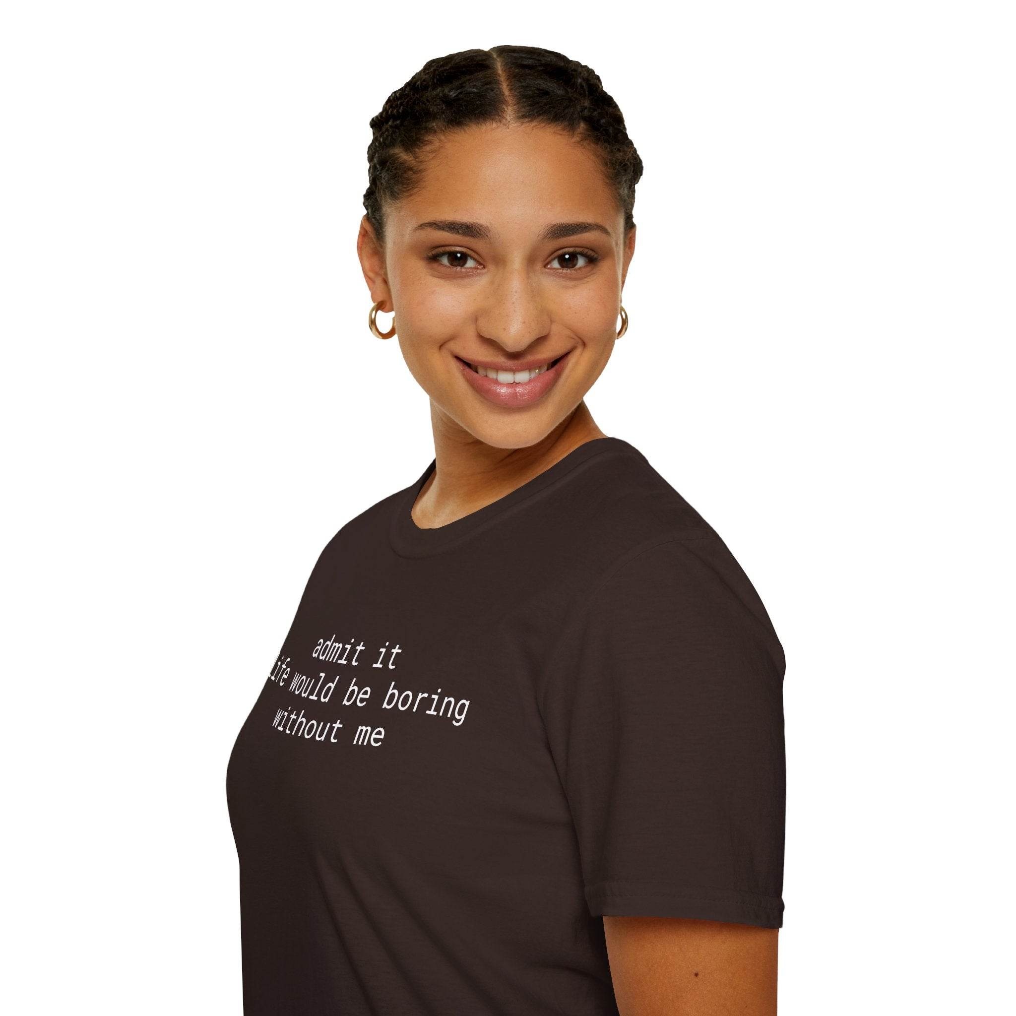 Printify brown crewneck t-shirt with white typewriter text on chest worn by smiling model eco-friendly playful quote t-shirt
