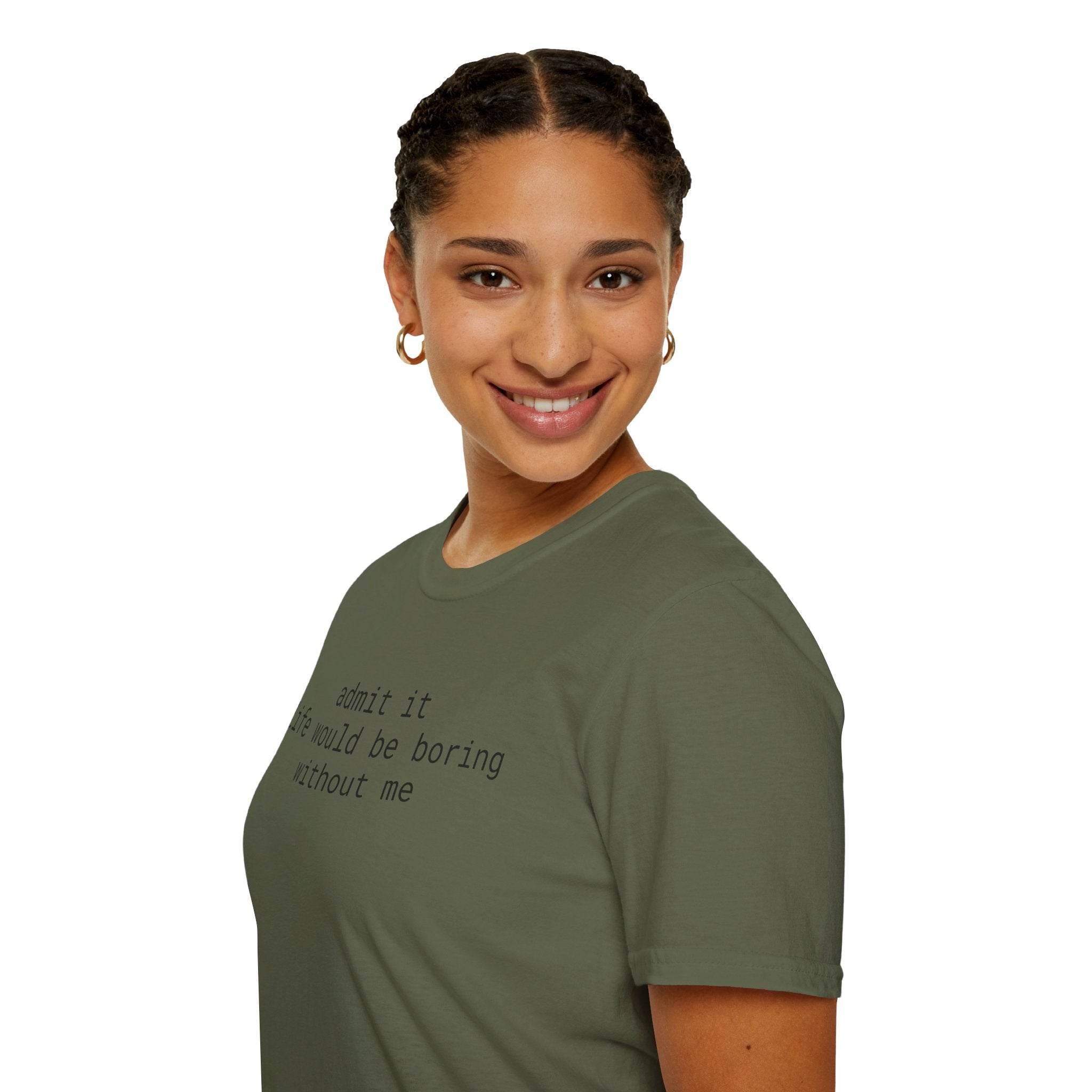 Printify model wearing olive green eco-friendly playful quote t-shirt with small black chest text and short sleeves