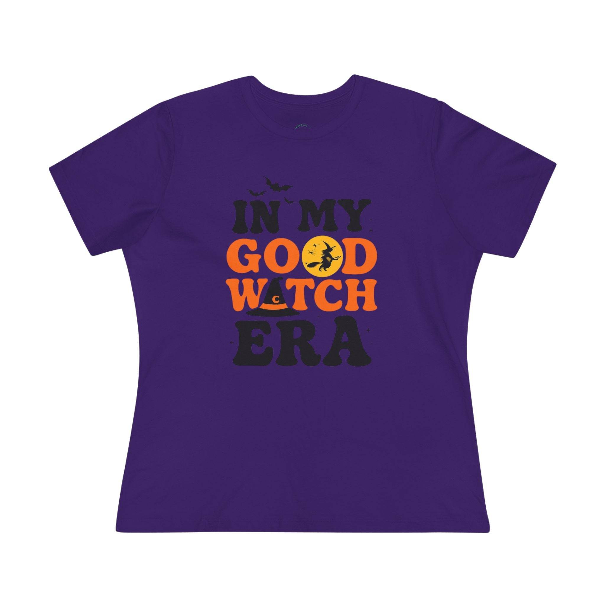 Printify purple womens tee with Good Witch moon bats and hat graphic eco friendly halloween t shirt women
