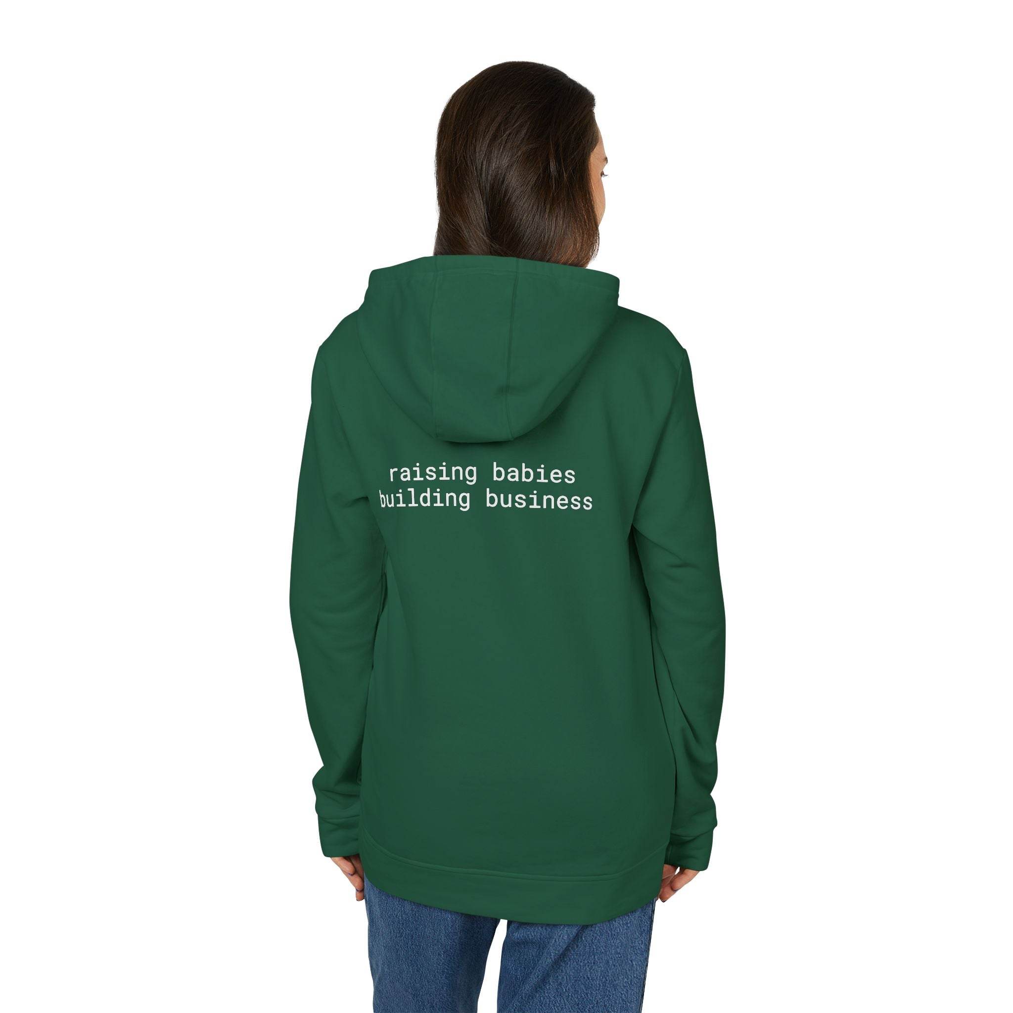 Printify eco-friendly unisex fleece hoodie in forest green shown from back with white raising babies building business text