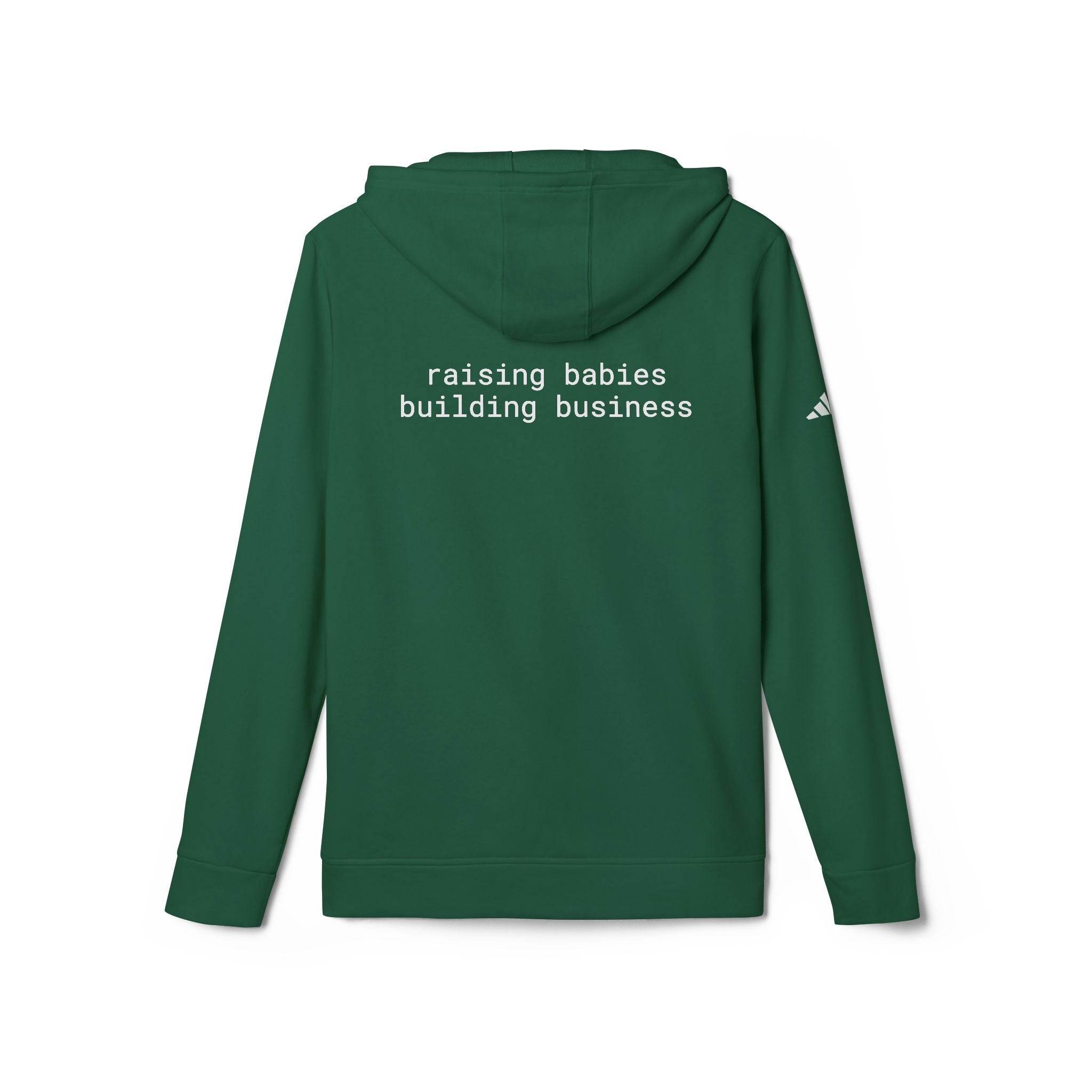 Printify eco-friendly unisex fleece hoodie green back view hooded pullover with white text raising babies building business