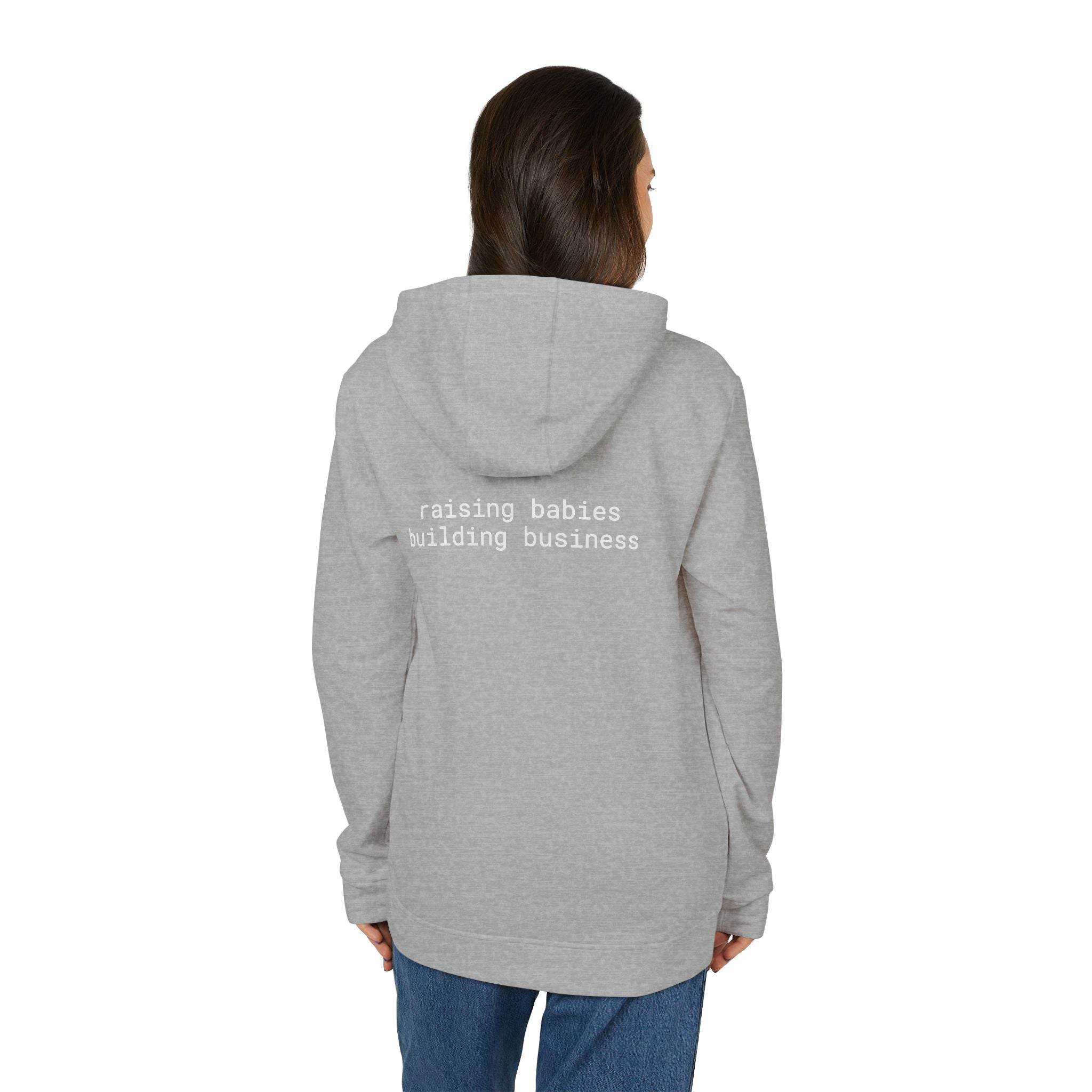 Printify eco-friendly unisex fleece hoodie light gray back view with white text reading raising babies building business
