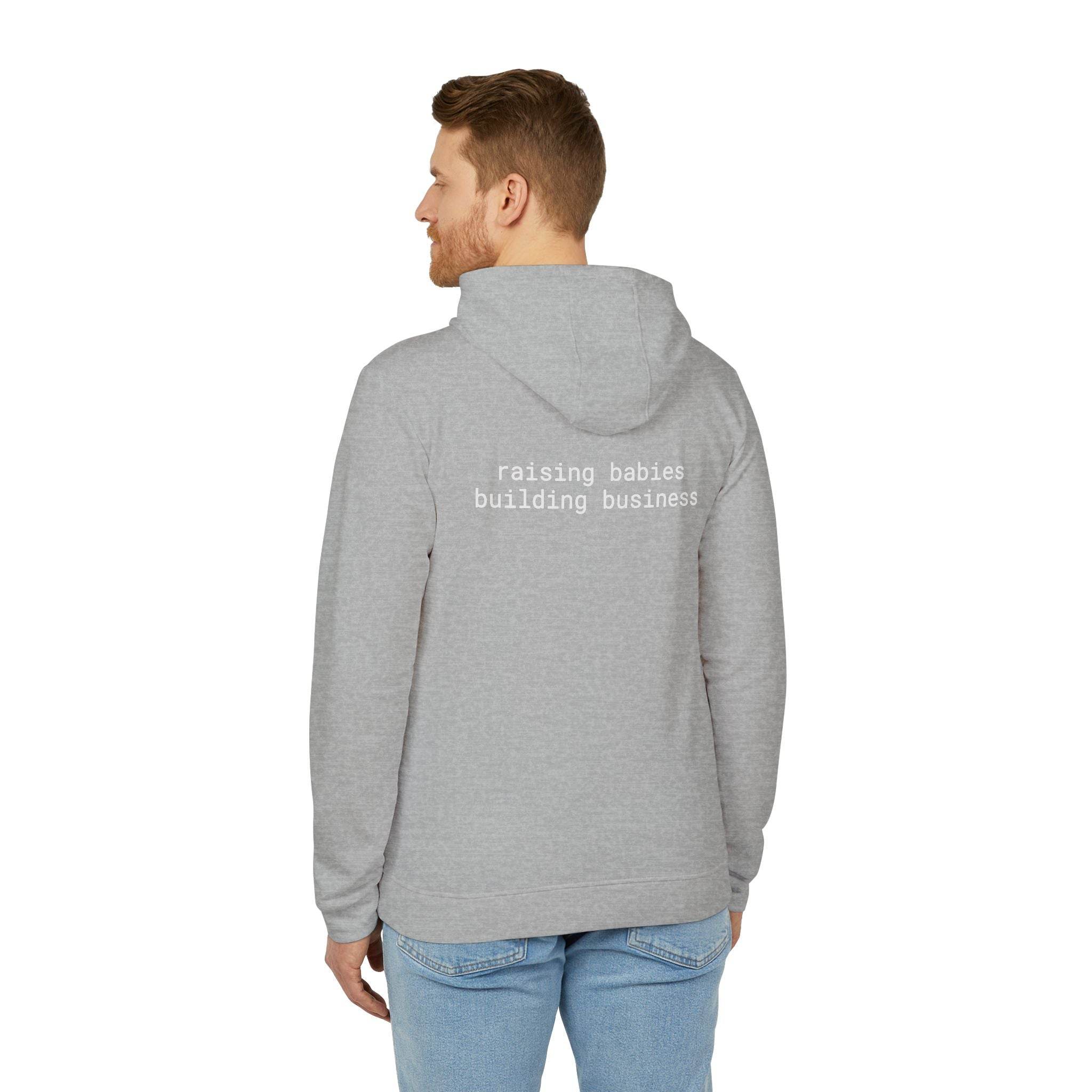 Printify eco-friendly unisex fleece hoodie gray back view with raising babies building business text worn by male model