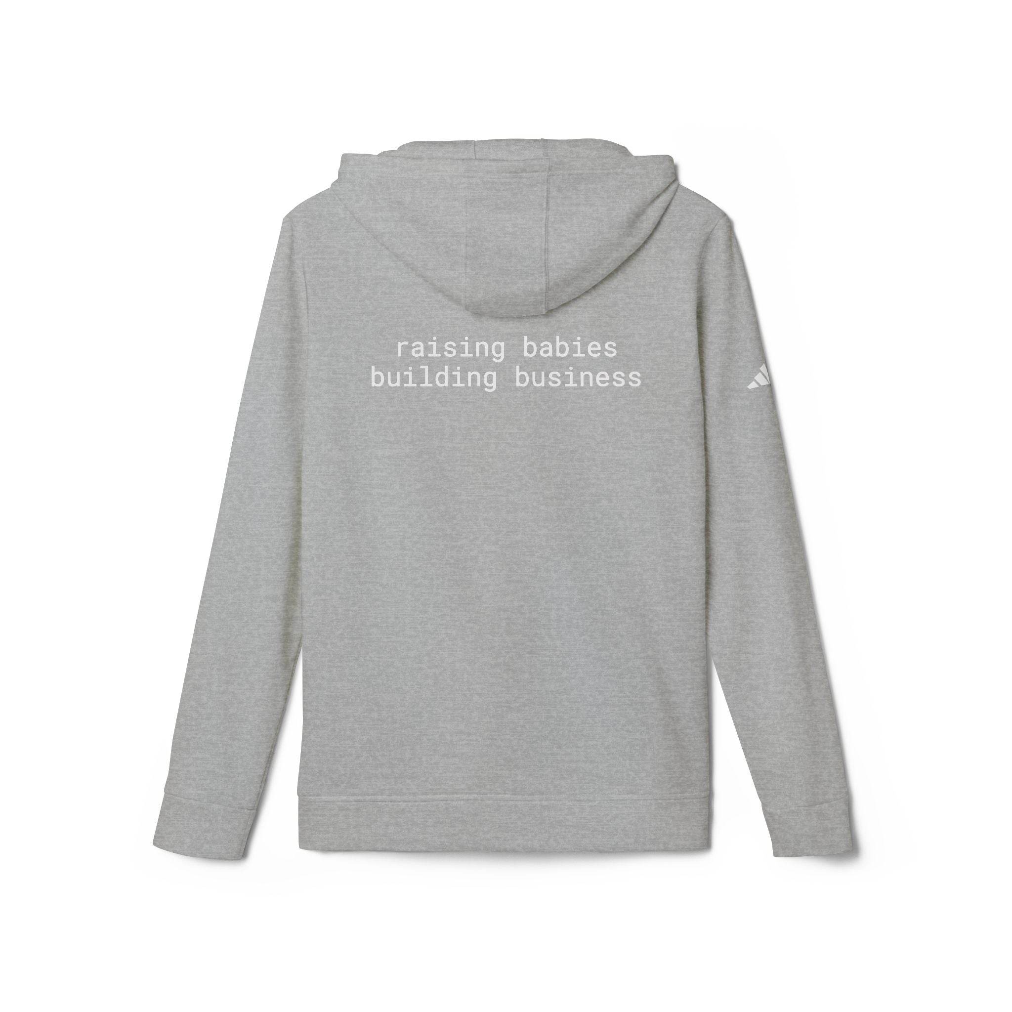 Printify eco-friendly unisex fleece hoodie gray back view with white text raising babies building business and small sleeve logo