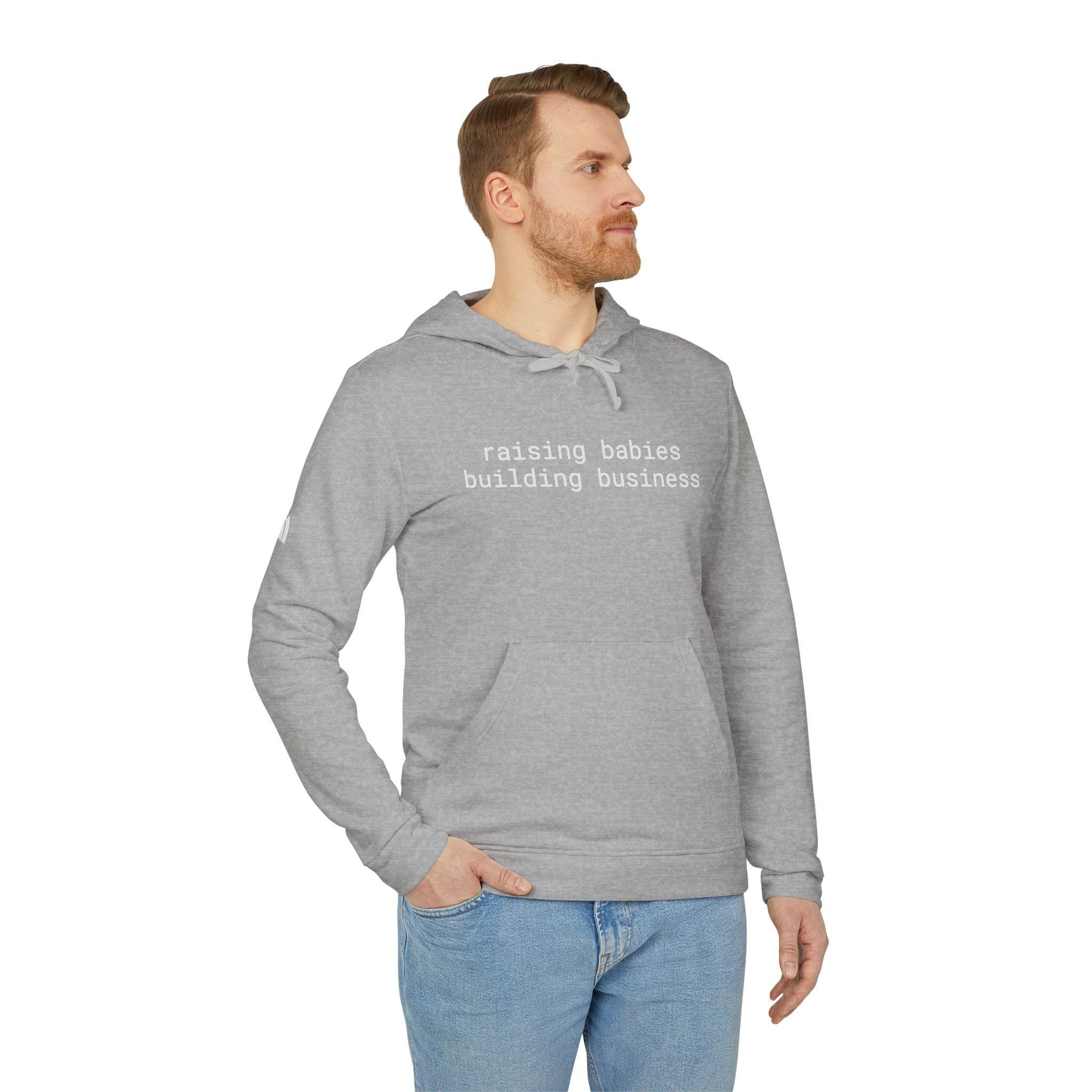 Printify eco-friendly unisex fleece hoodie light gray on male model with raising babies building business text