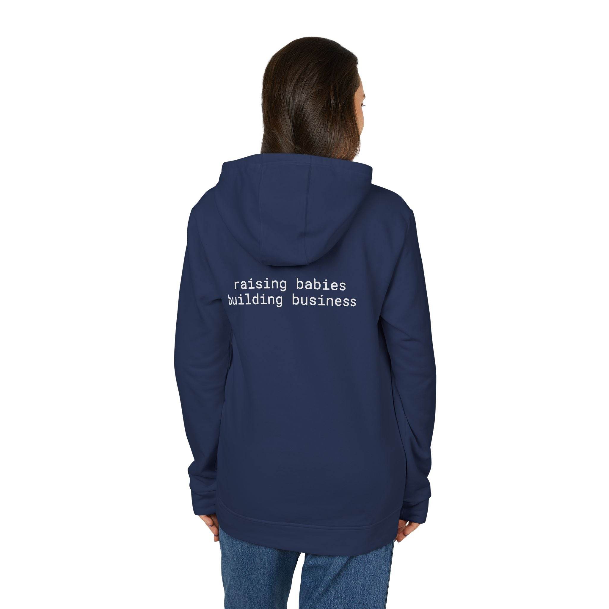 Printify eco-friendly unisex fleece hoodie navy back view with white text raising babies building business