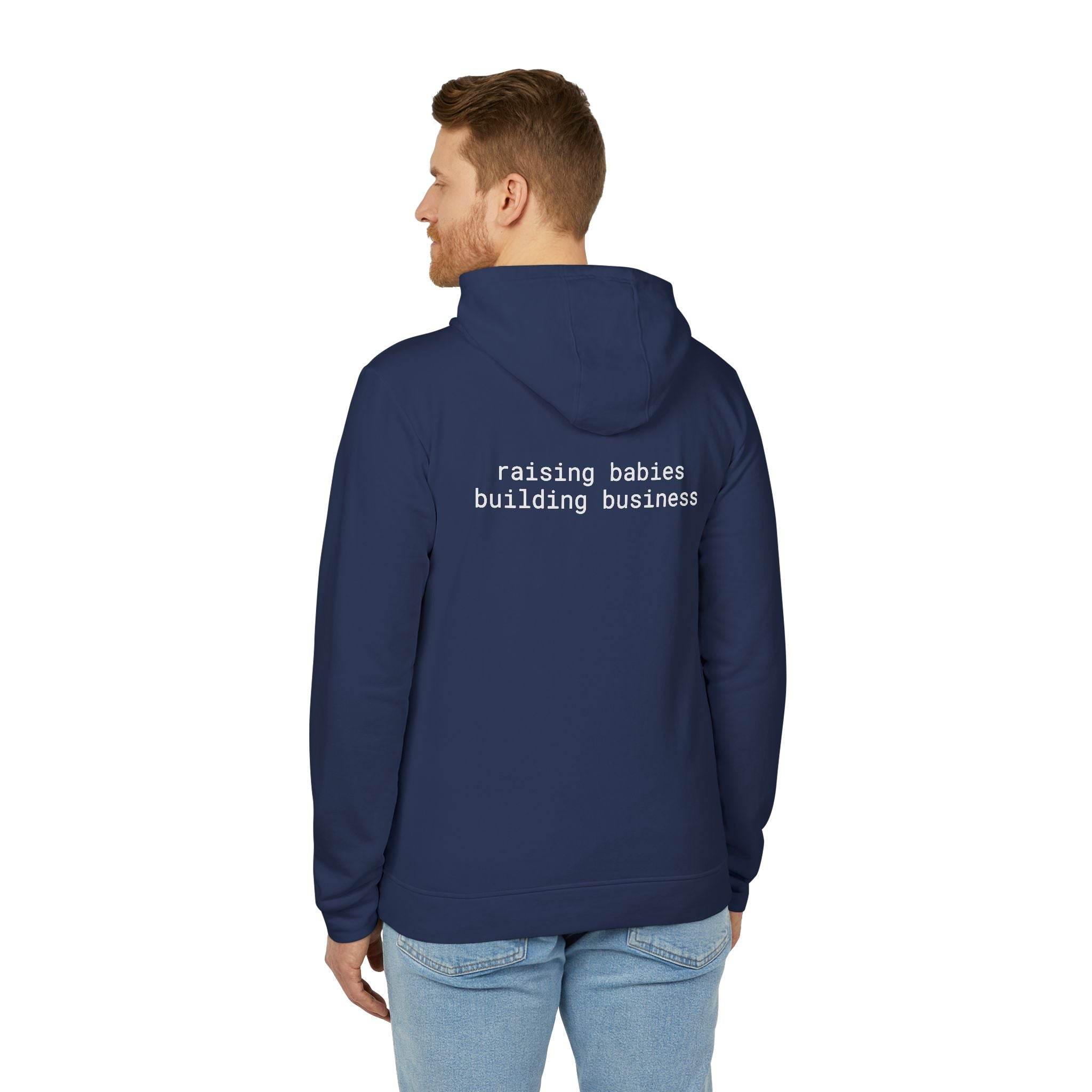 Printify navy hoodie back view on male model with raising babies building business text eco-friendly unisex fleece hoodie