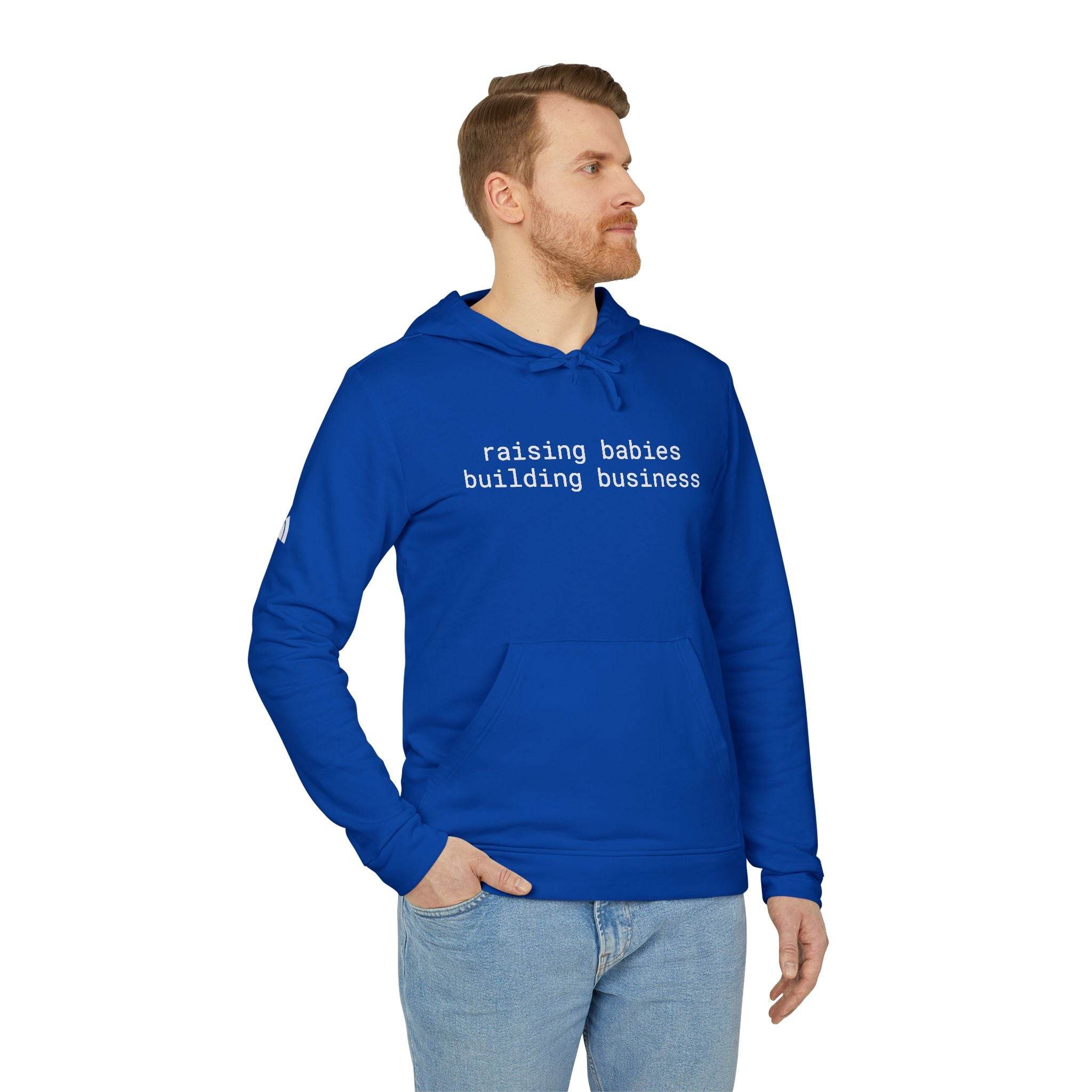 Printify royal blue eco-friendly unisex fleece hoodie with white raising babies building business text on front