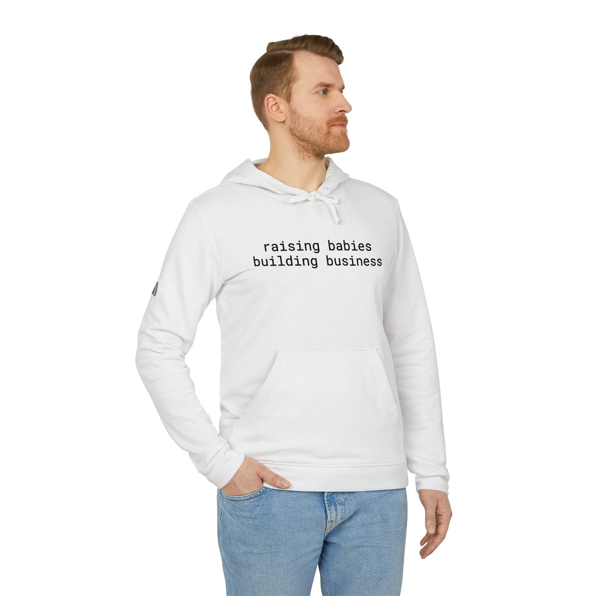 Printify white hoodie on male model with raising babies building business text pocket hood eco-friendly unisex fleece hoodie