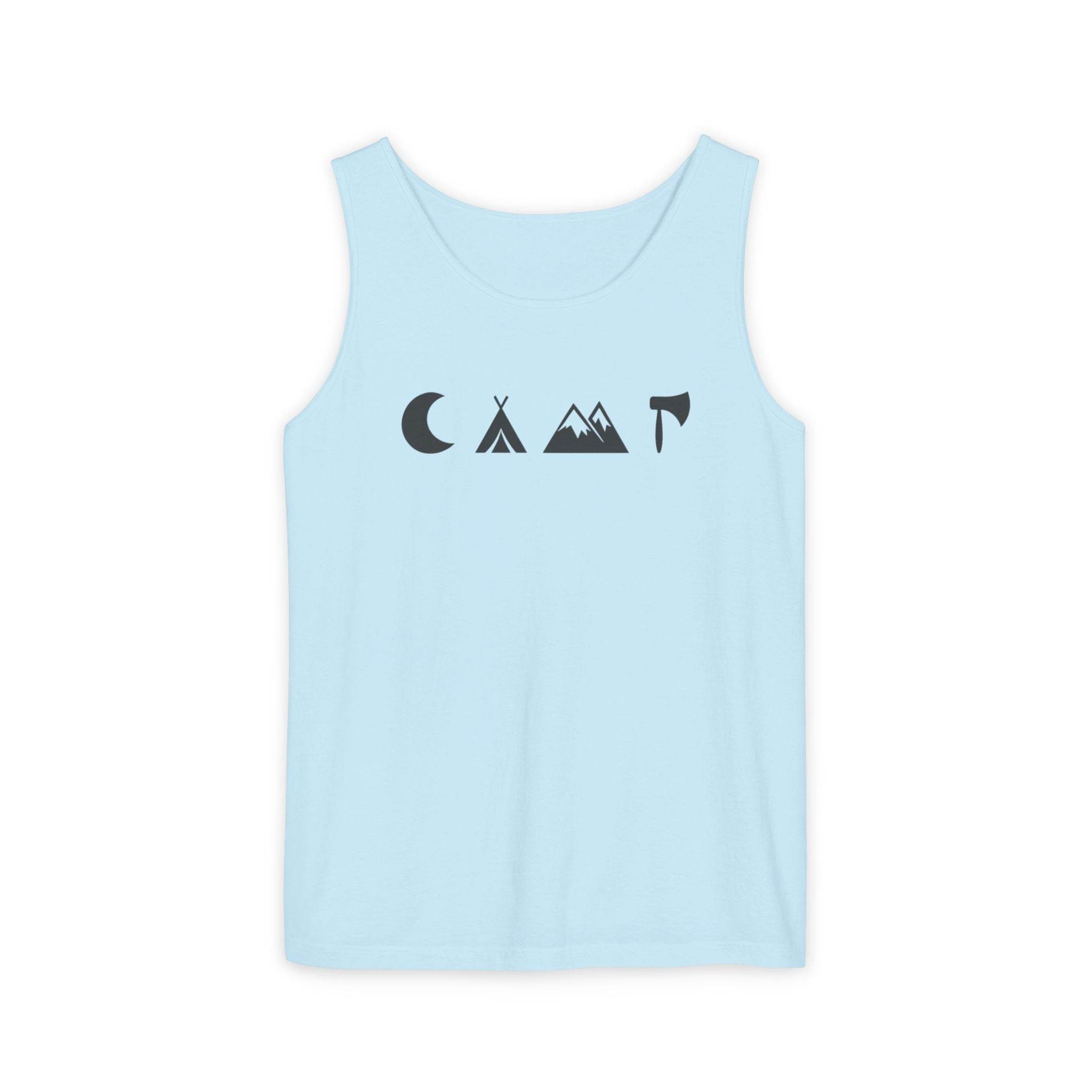Printify eco-friendly unisex tank top light blue with minimalist black camping icons moon tent mountains axe