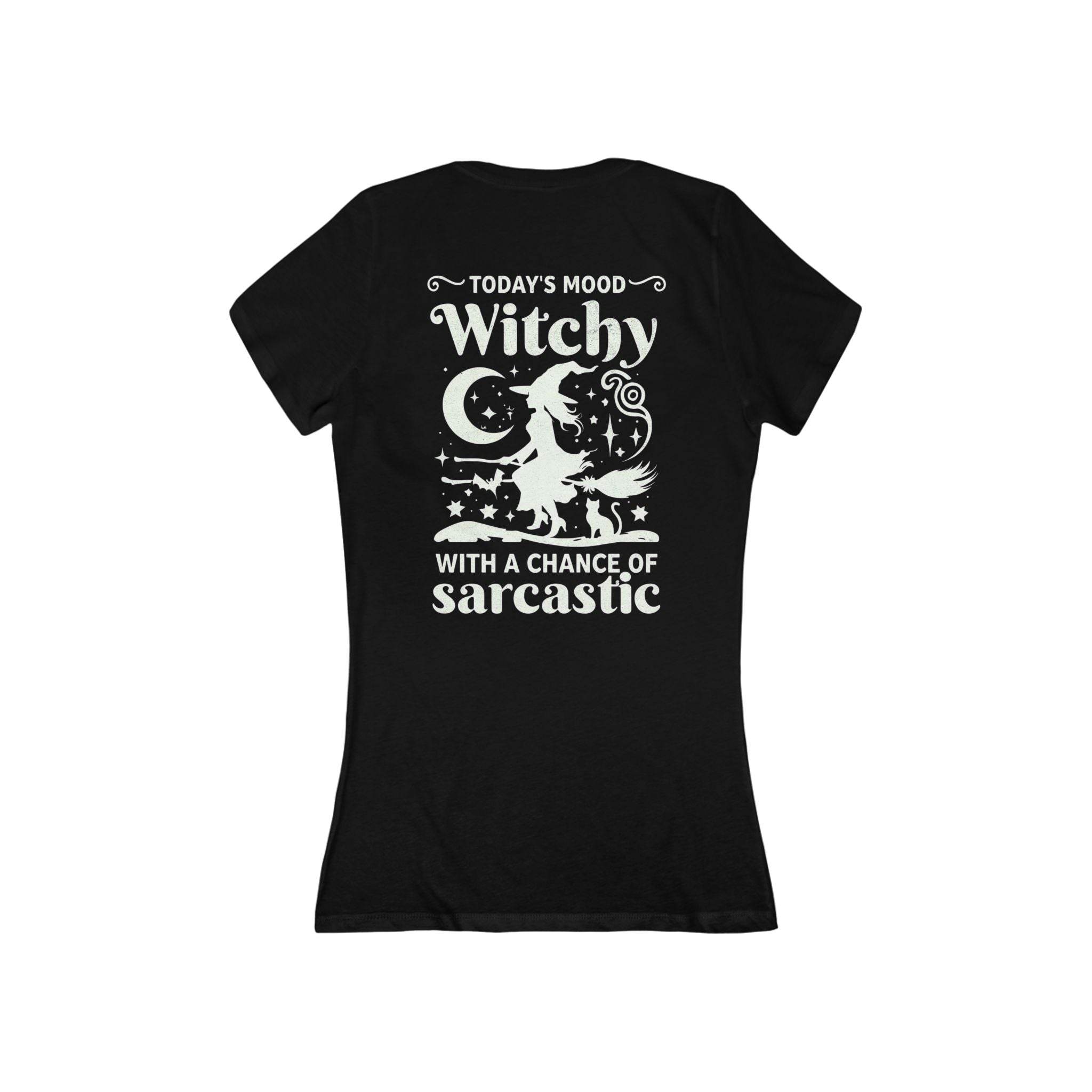 Black fitted T shirt with white witch silhouette moon stars and sarcastic slogan eco-friendly witchy graphic tee for Halloween