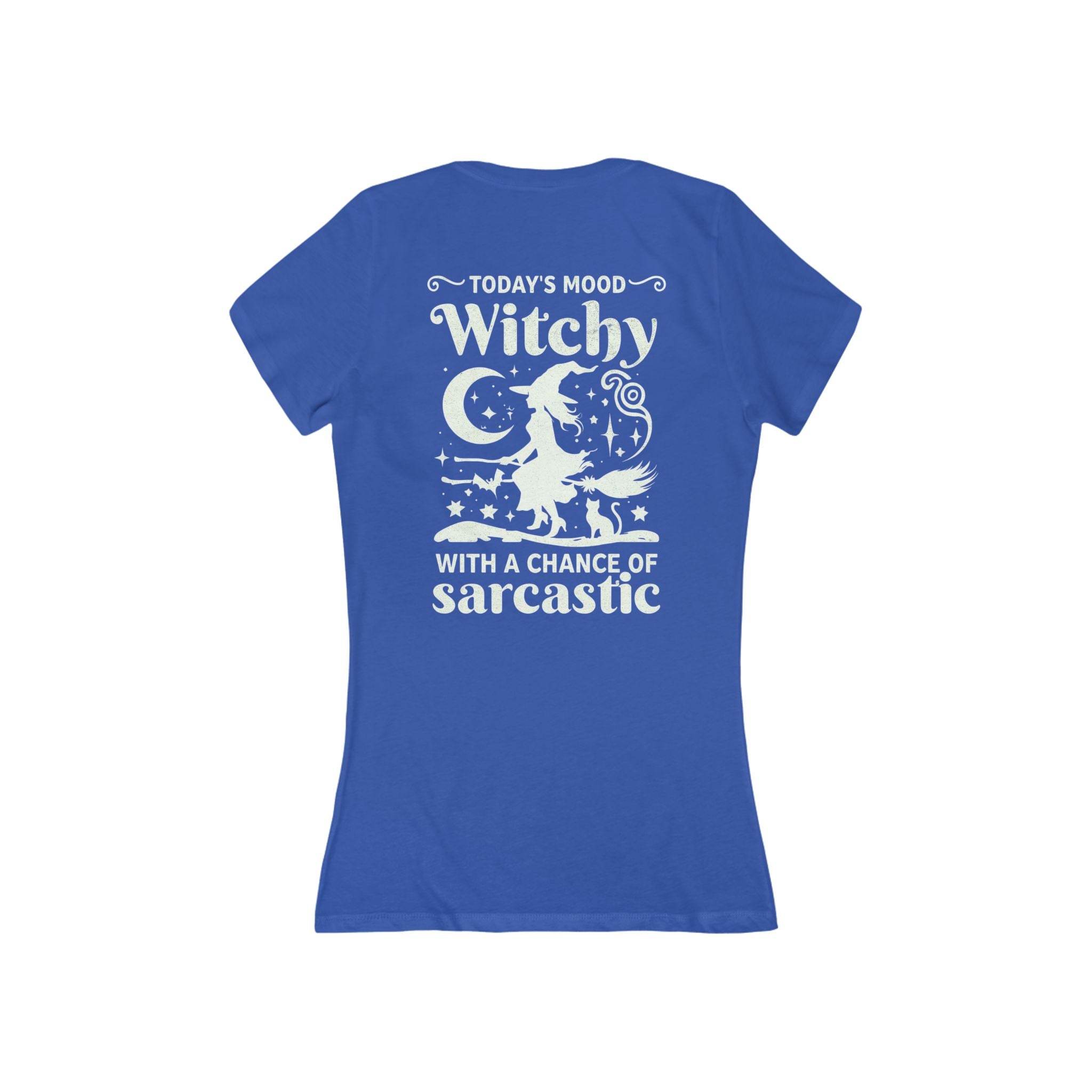 Blue fitted tee with white witch silhouette and text todays mood witchy sarcastic eco-friendly witchy graphic tee