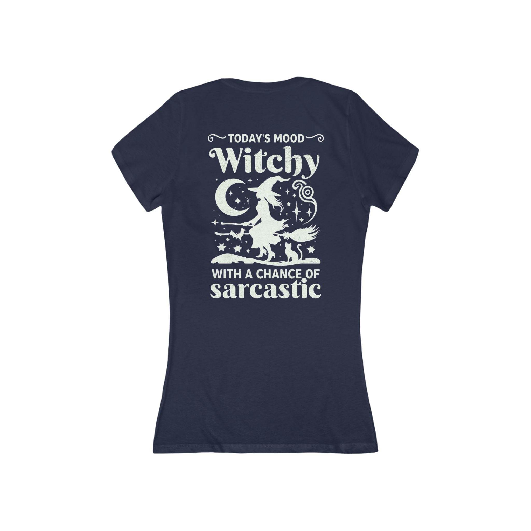 Printify navy fitted womens tee back print witch on broom moon stars Todays Mood Witchy eco-friendly witchy graphic tee