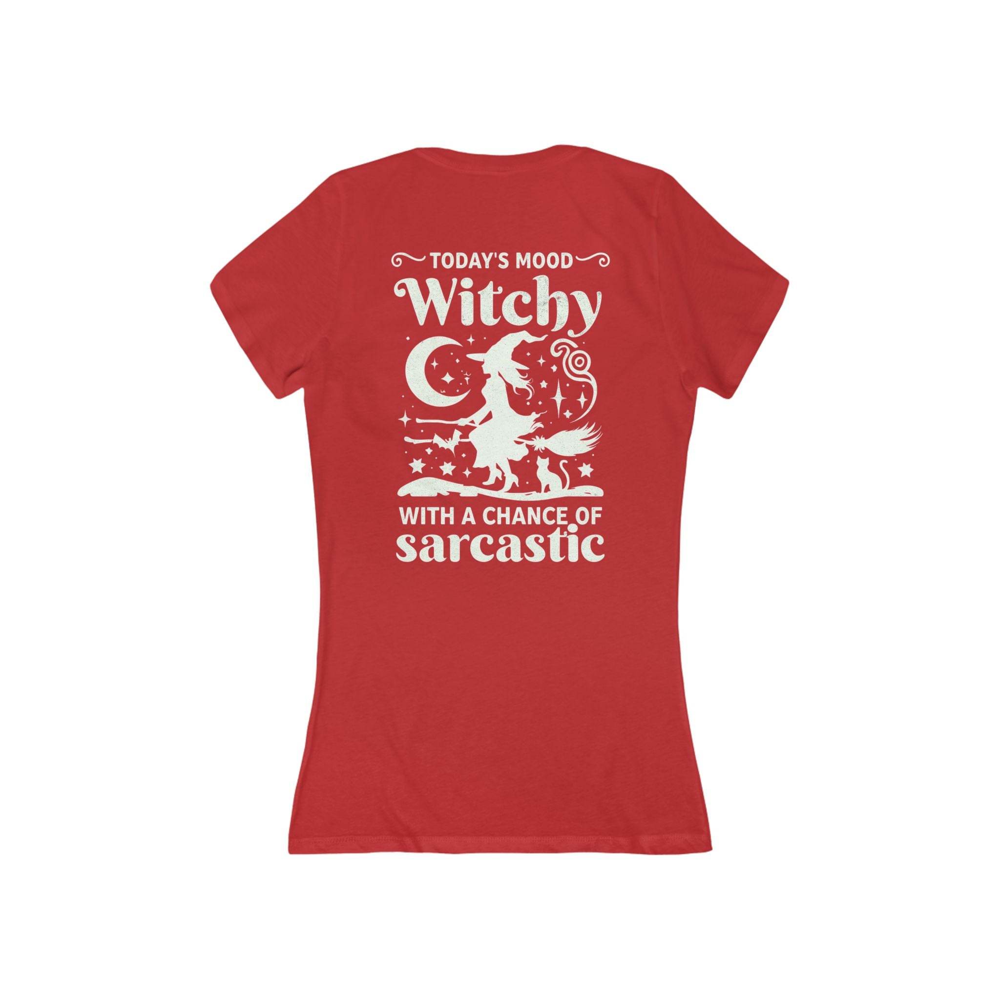 Printify eco-friendly witchy graphic tee red ladies fitted t shirt with white witch on broom moon and stars design