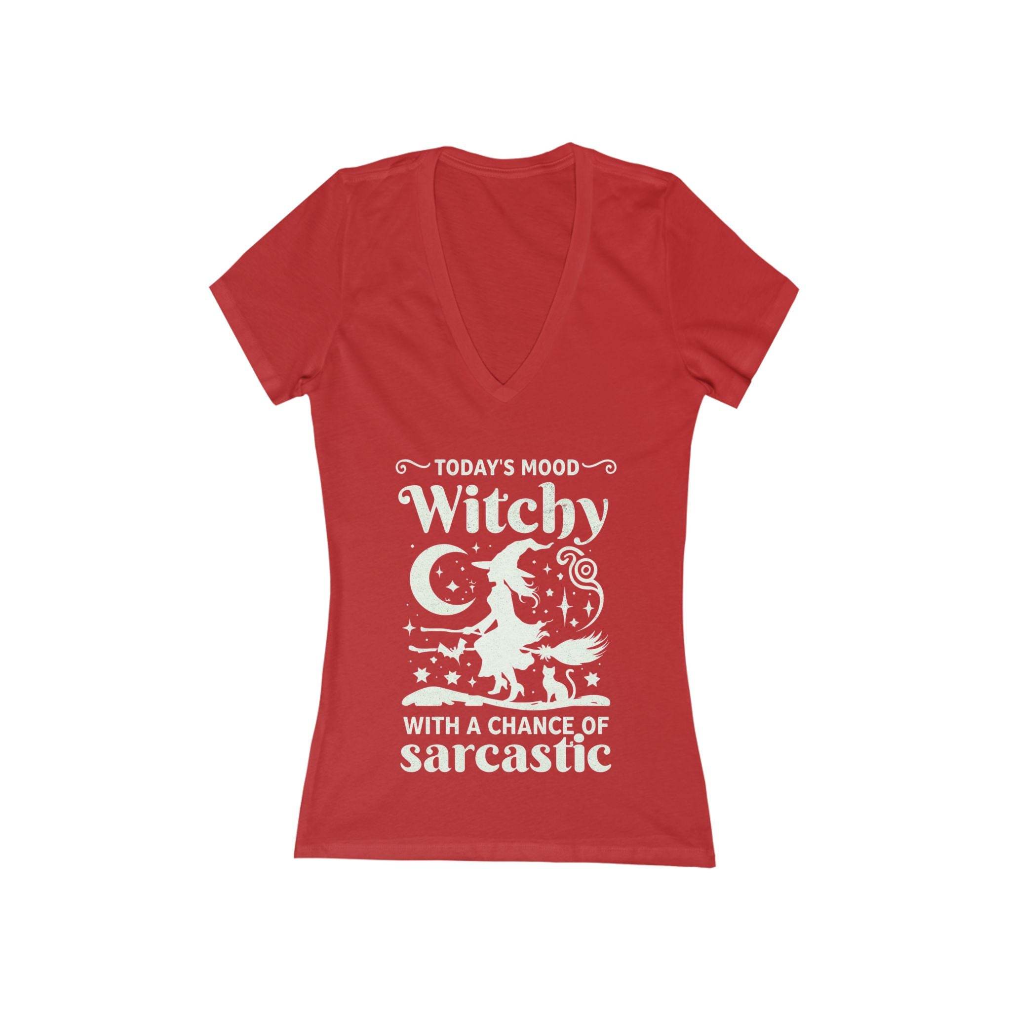 Printify red womens v neck tee with white witch silhouette moon stars cat design eco-friendly witchy graphic tee
