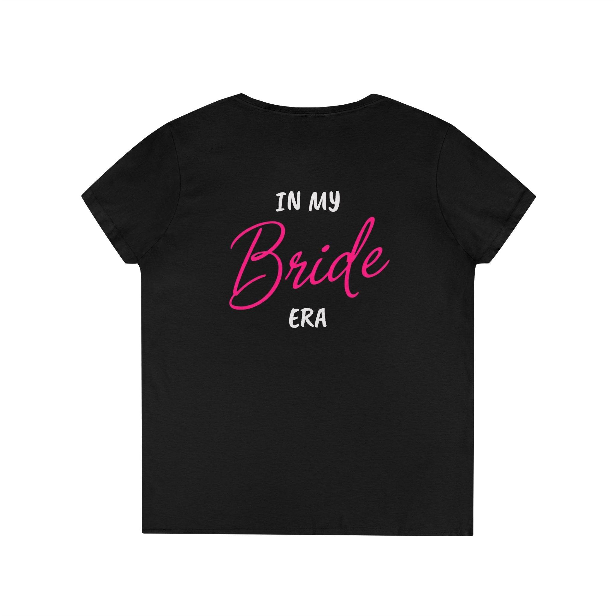 Printify black short sleeve tee back print In my Bride era in pink script eco-friendly bride t-shirt