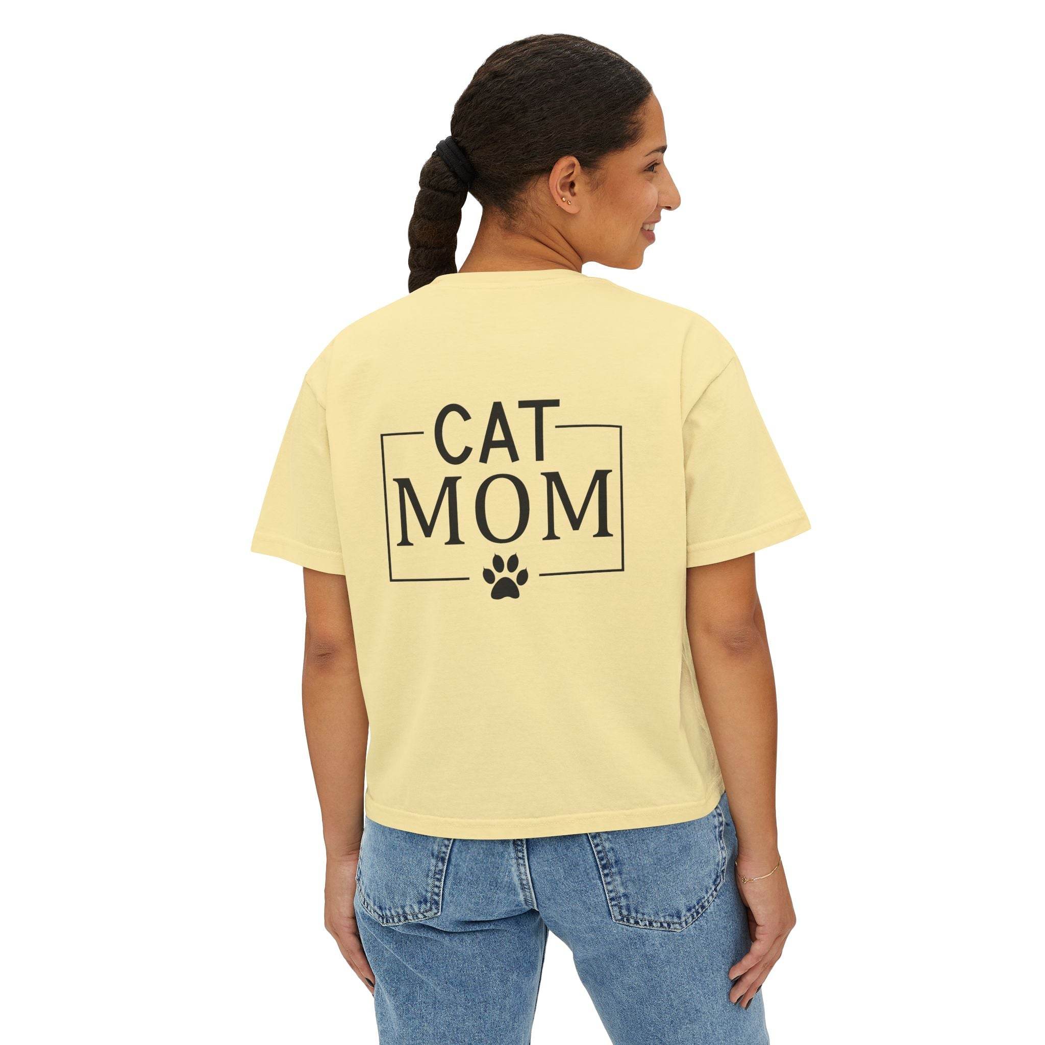 Printify eco-friendly cat mom shirt yellow cropped short sleeve tee with back CAT MOM text and paw print