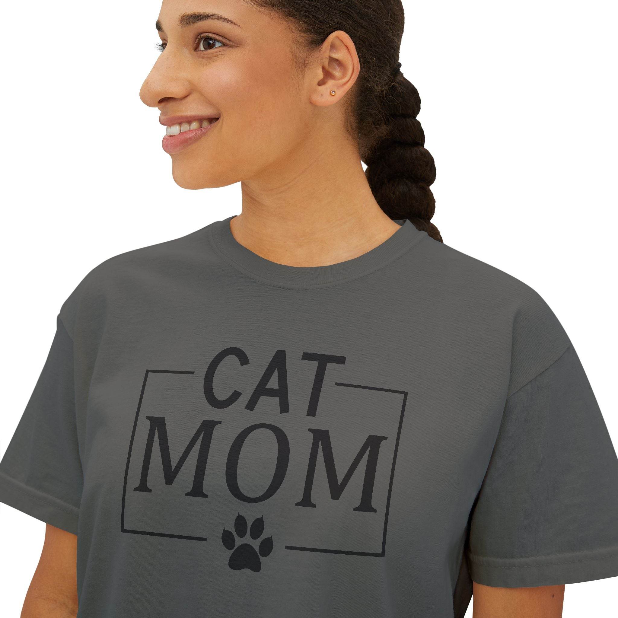 Printify eco-friendly cat mom shirt charcoal gray crew neck tee with CAT MOM print and paw graphic on model