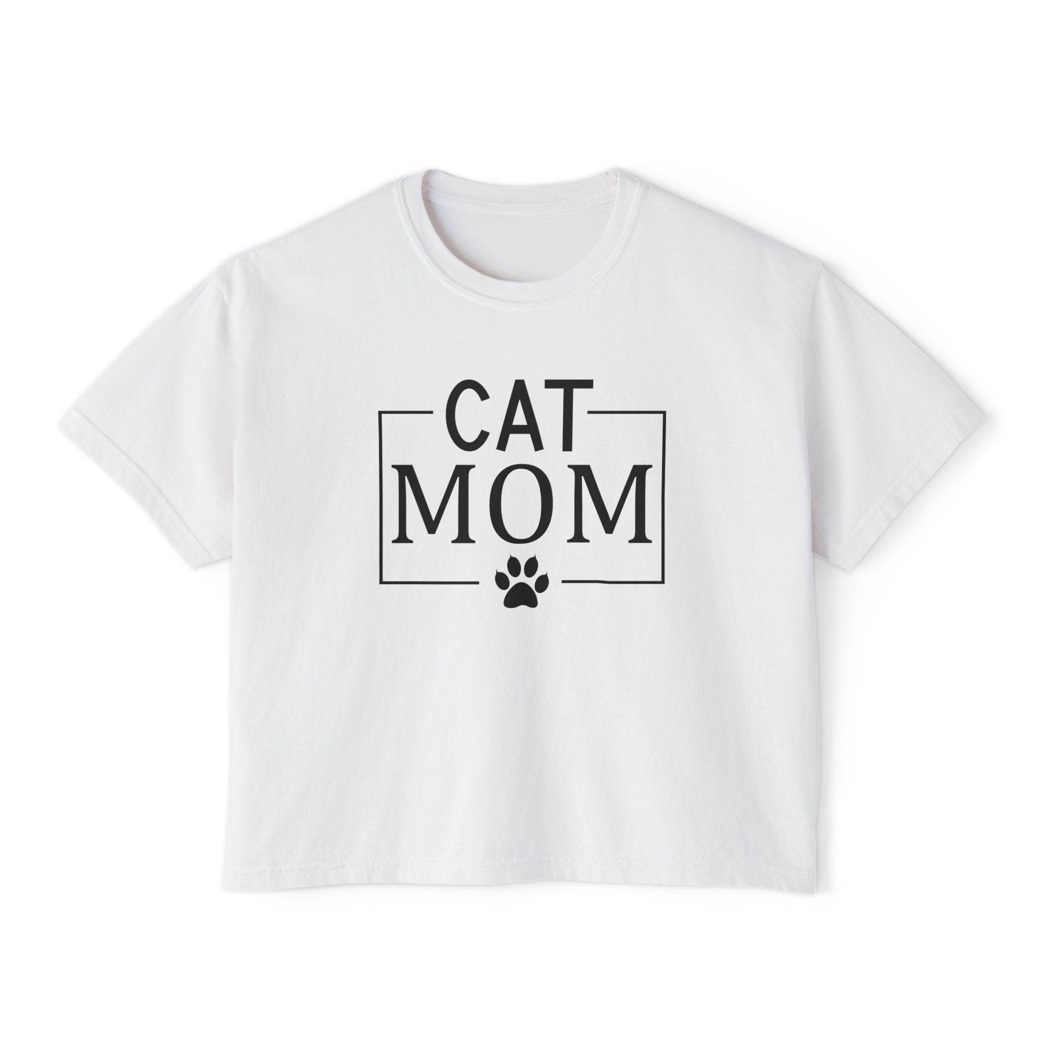 Printify white cropped tee with black CAT MOM box design and paw print eco-friendly cat mom shirt