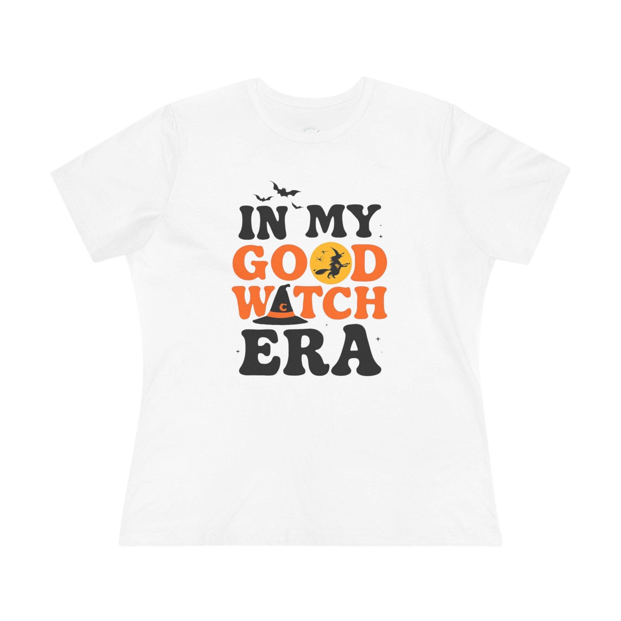 Printify white womens t shirt with IN MY GOOD WITCH ERA orange black witch design bats moon eco friendly halloween t shirt women