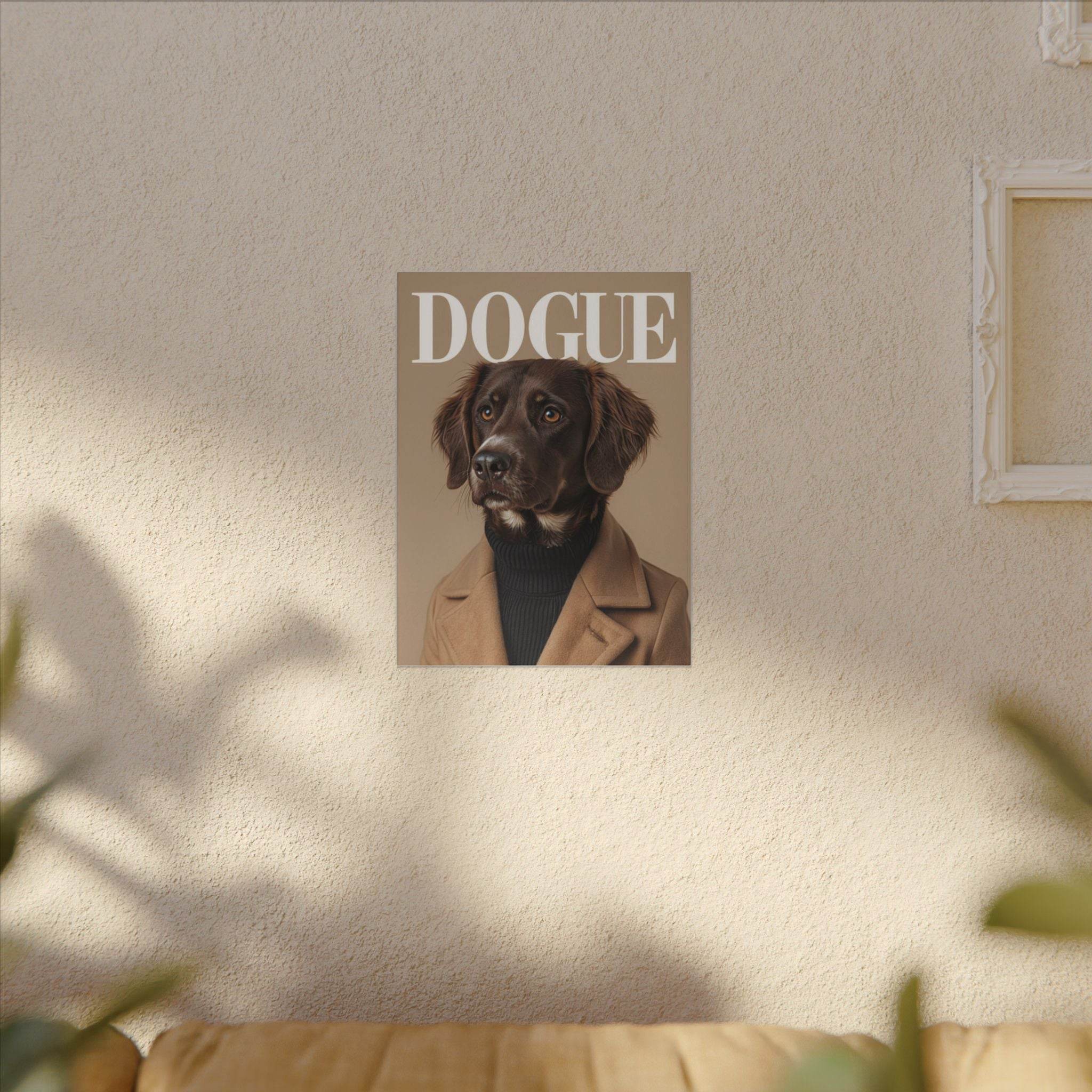 eco-friendly dog art print canvas showing a brown dog in a coat styled as a DOGUE magazine cover