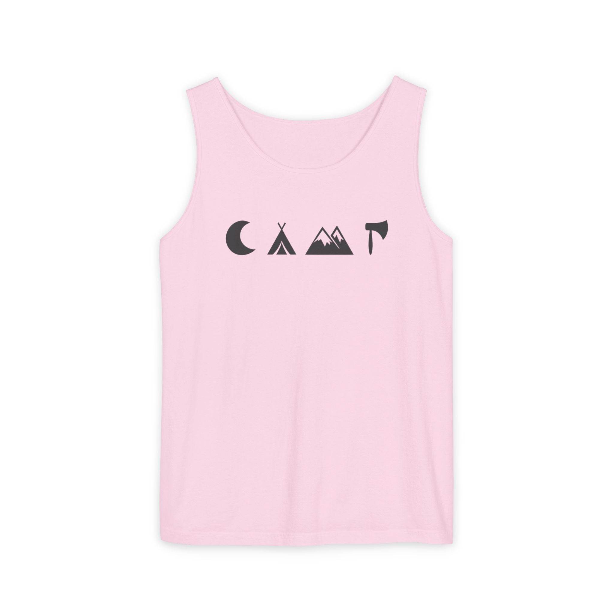 Printify pink eco-friendly unisex tank top with minimalist black camping icons moon tent mountains and axe