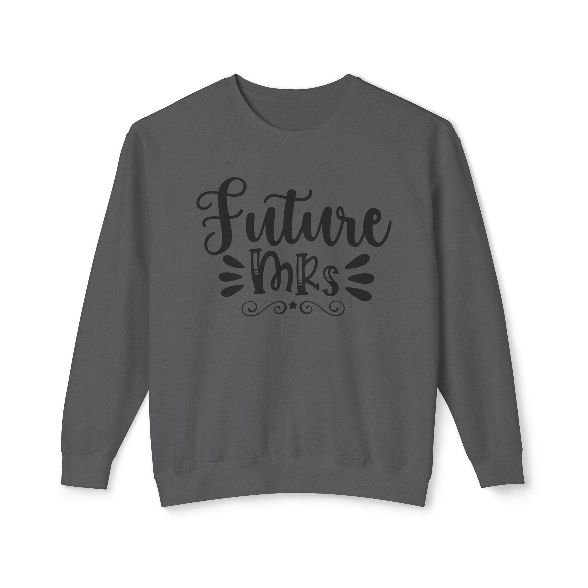 Printify gray crewneck sweatshirt with Future Mrs script print eco-friendly bridal sweatshirt for bachelorette parties
