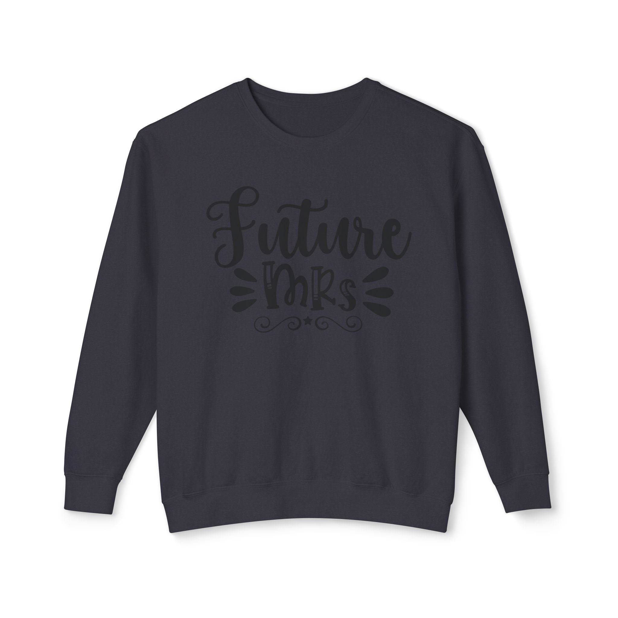 Printify dark gray crewneck sweatshirt with Future Mrs script print on front eco-friendly bridal sweatshirt